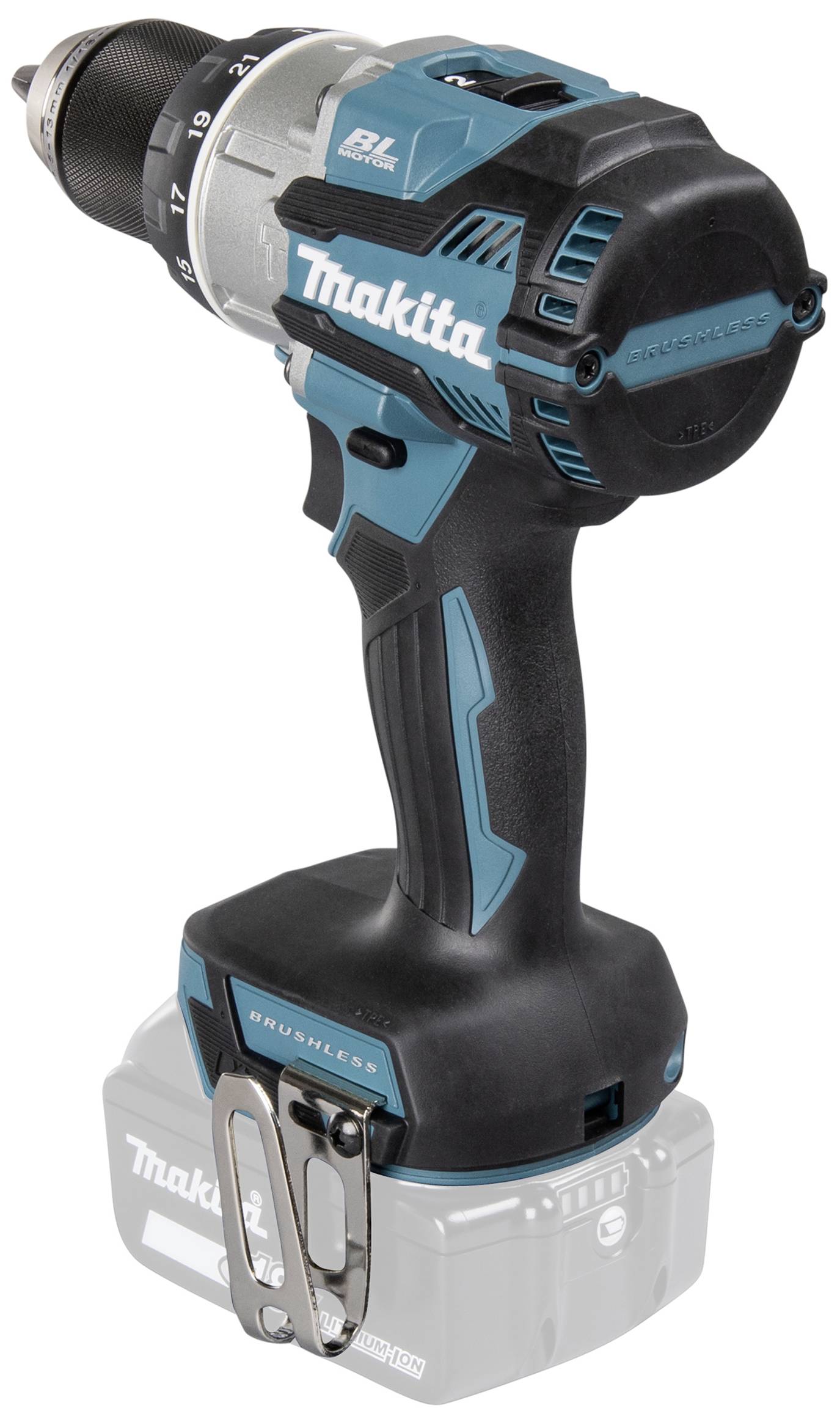 Ein kabelloser, blau-schwarzer Akku-Bohrschrauber mit ergonomischem Design und einem herausstehenden Gürtelclip rechtsseitig.