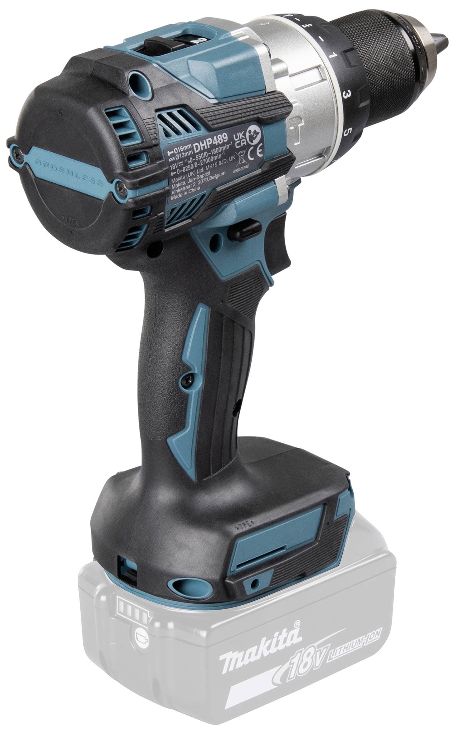 Akkubohrmaschine mit blau-schwarzem Gehäuse, rutschfestem Griff und austauschbarem 18V-Akku. Markenname auf dem Akku sichtbar.