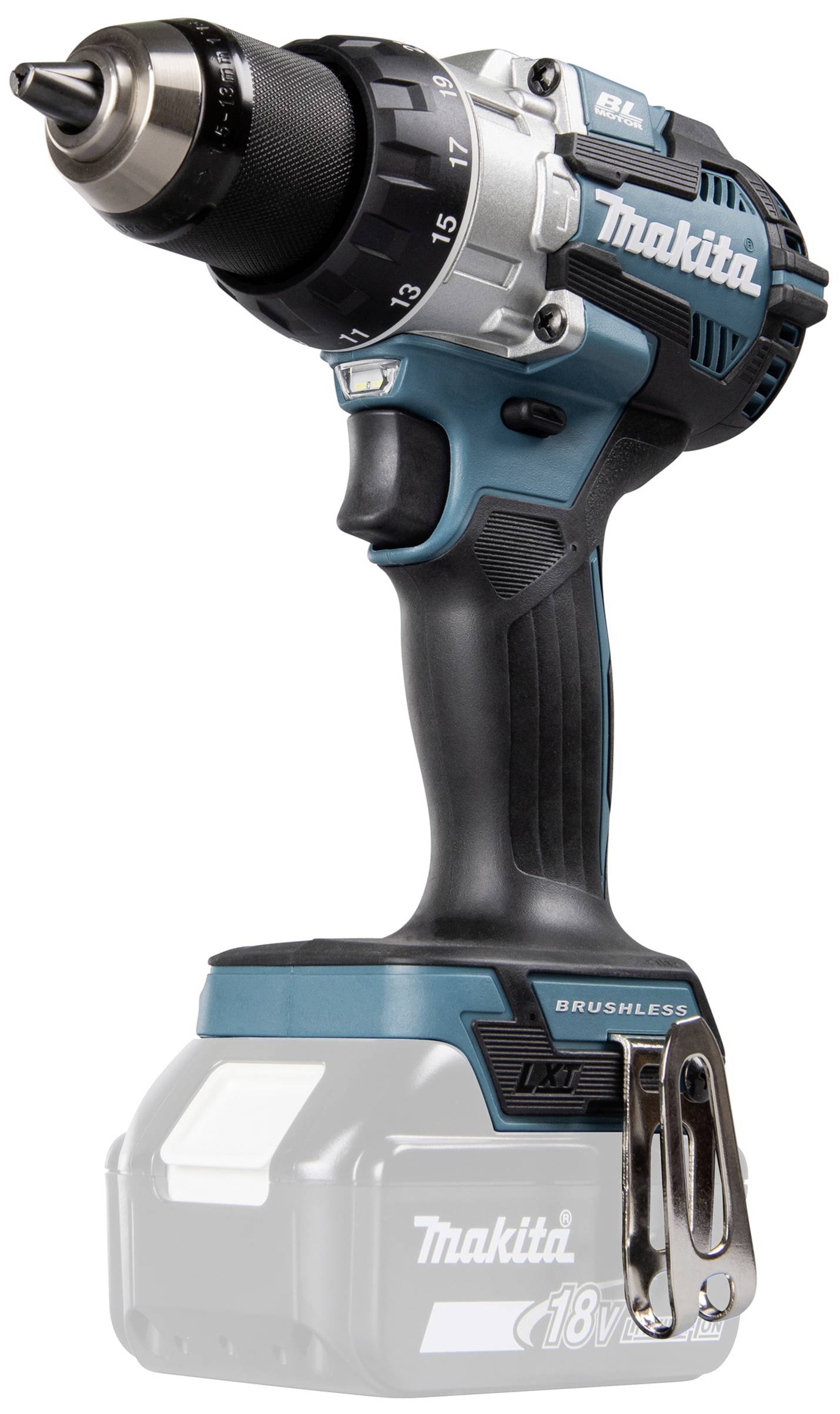Akkuschrauber in Blau und Schwarz mit silbernen Details und einem 18V Li-Ion-Akku. Gerät von der Marke Makita, ohne Akku abgebildet.