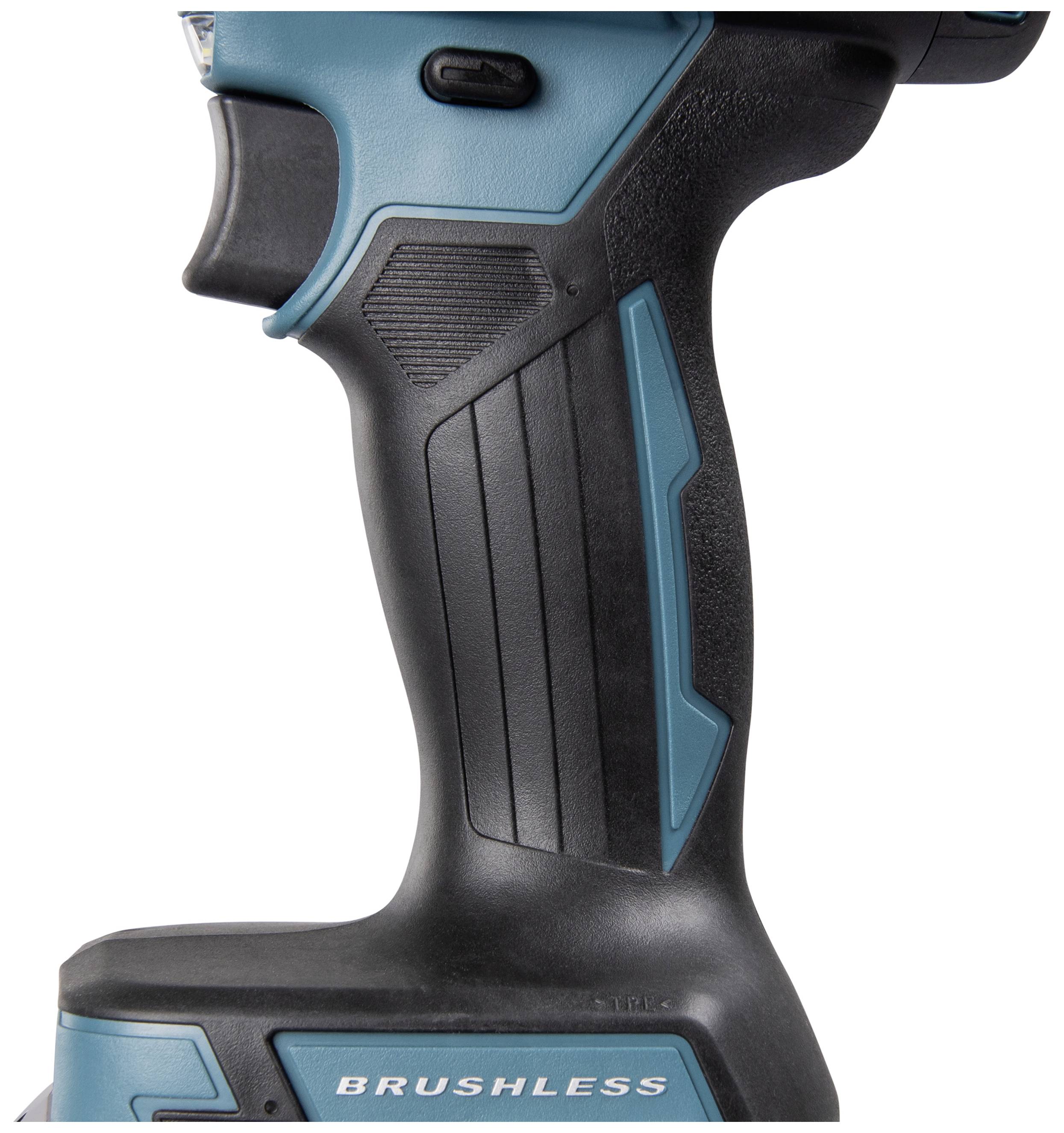 Ausschnitt eines blauen und schwarzen Akkuschraubergriffs mit 'Brushless'-Beschriftung, zeigt ergonomisches Design und Textur.