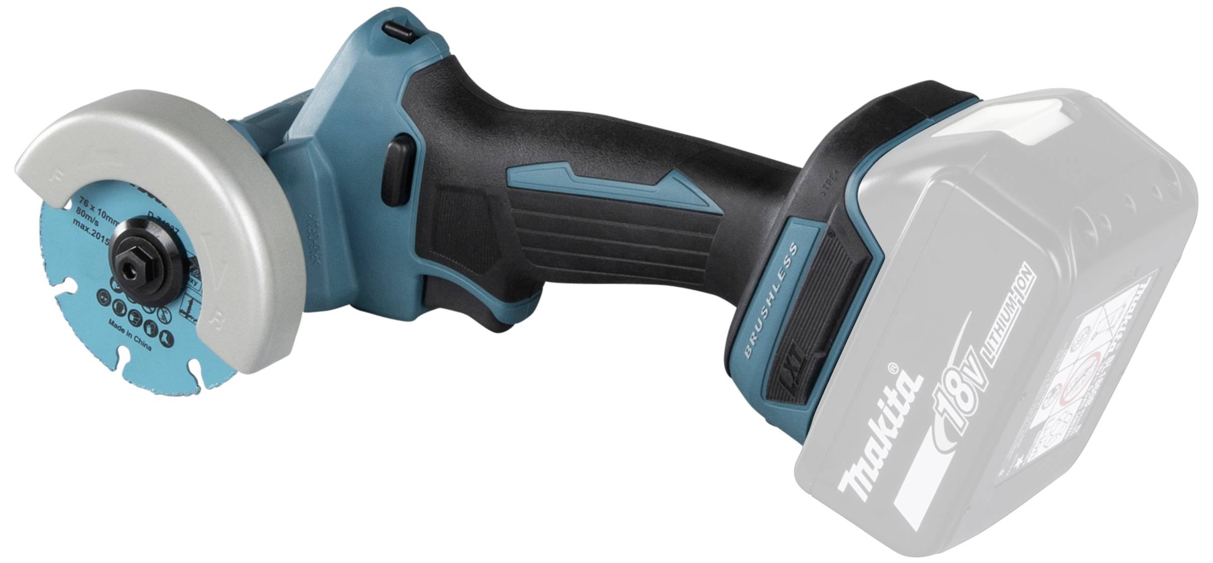 Ein kabelloser Winkelschleifer in Türkis mit schwarzem Griff, angezeigt mit einer 18V Lithium-Ionen-Batterie.