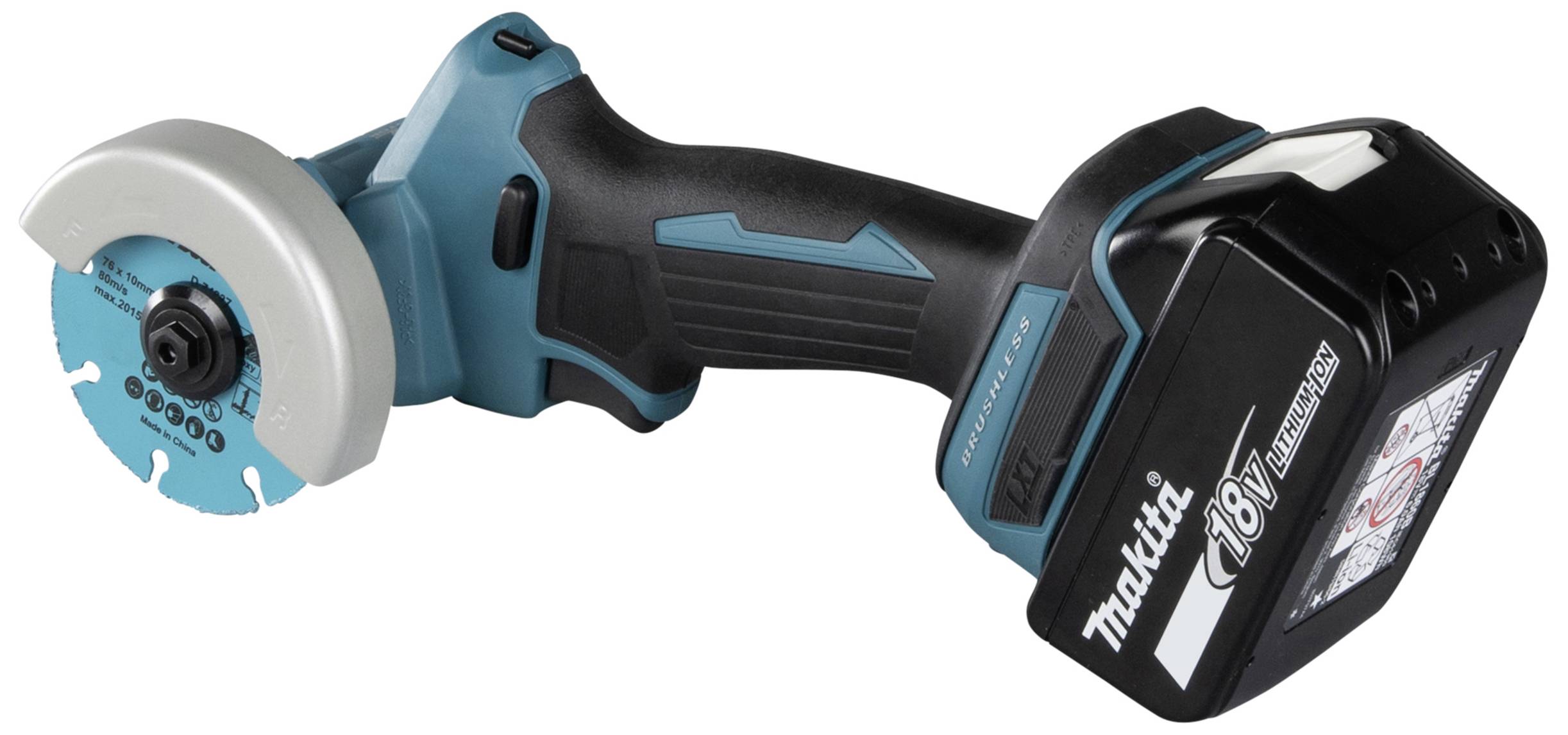 Akkubetriebener Winkelschleifer mit blau-schwarzem Gehäuse und 18V-Lithium-Ionen-Akku.