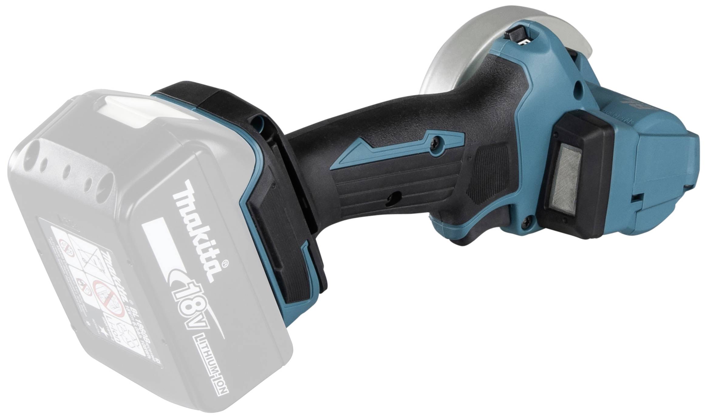 Akkuschleifer in Blau und Schwarz von der Marke Makita. Gerät hat einen Akku, sichtbar ist das Modell 18V.