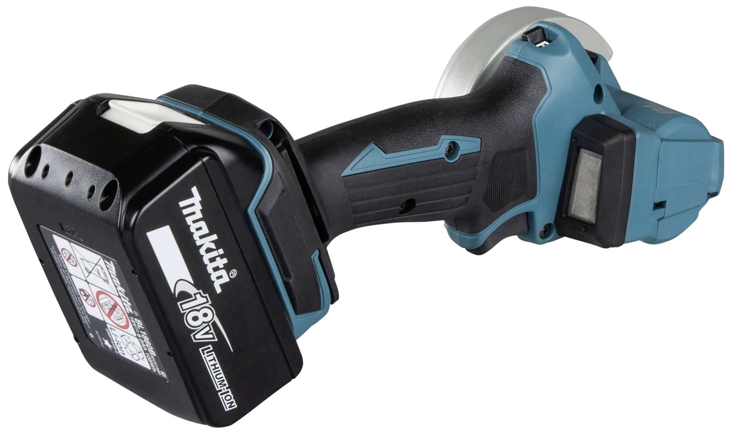 Akkubetriebener Winkelschleifer von Makita, Modell mit 18V Li-Ionen-Akku. Geeignet zum Schneiden und Schleifen von Materialien.