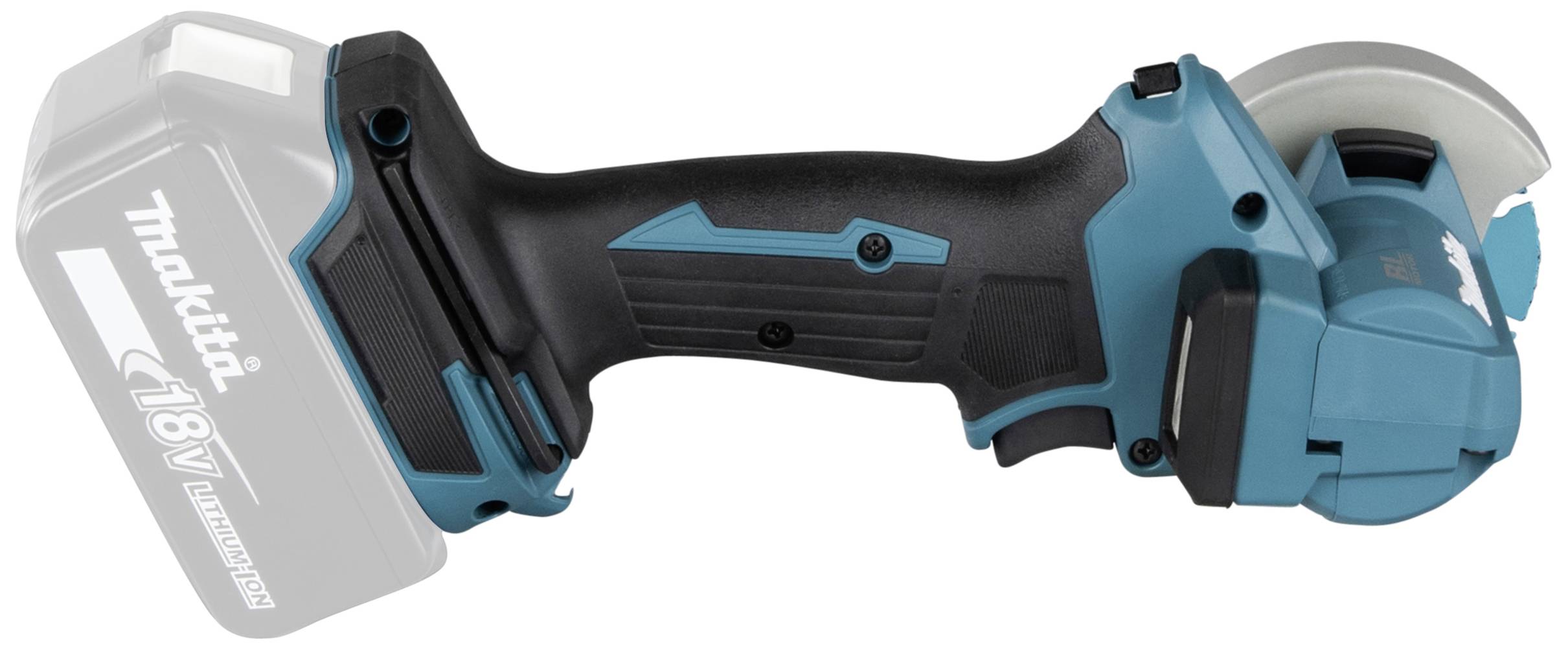 Ein blau-schwarzer Akkuschleifer mit 18V Batteriehalterung, Seitenansicht, ohne eingesetzten Akku oder Schleifpad.
