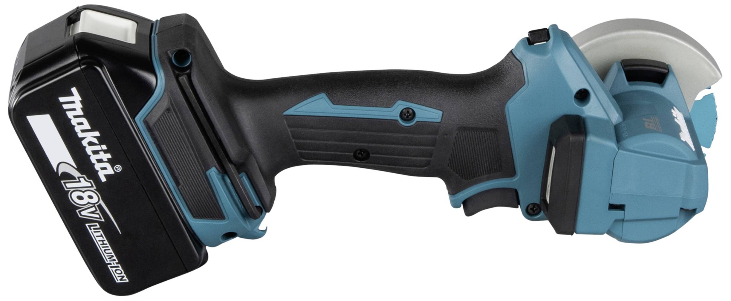 Akku-Winkelschleifer mit 18V Li-Ionen-Batterie, ergonomischem Griff und blauer Farbgebung.