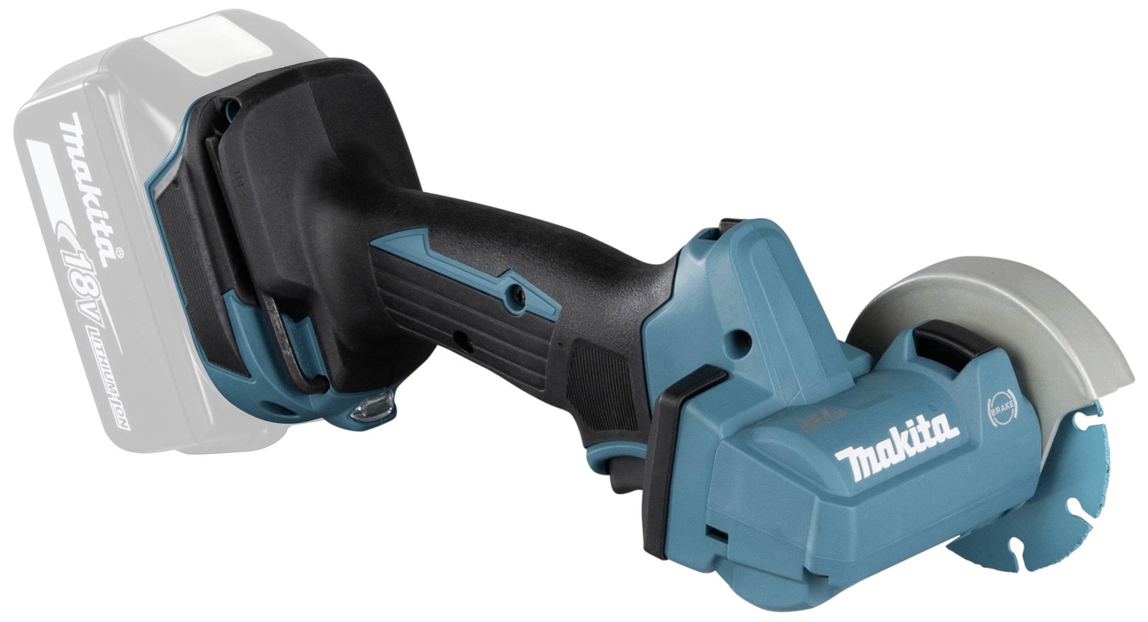 Eine kabellose Winkelschleifermaschine in Blau und Schwarz mit ergonomischem Griff und sichtbarem Akkupack, Ansicht von der Seite.
