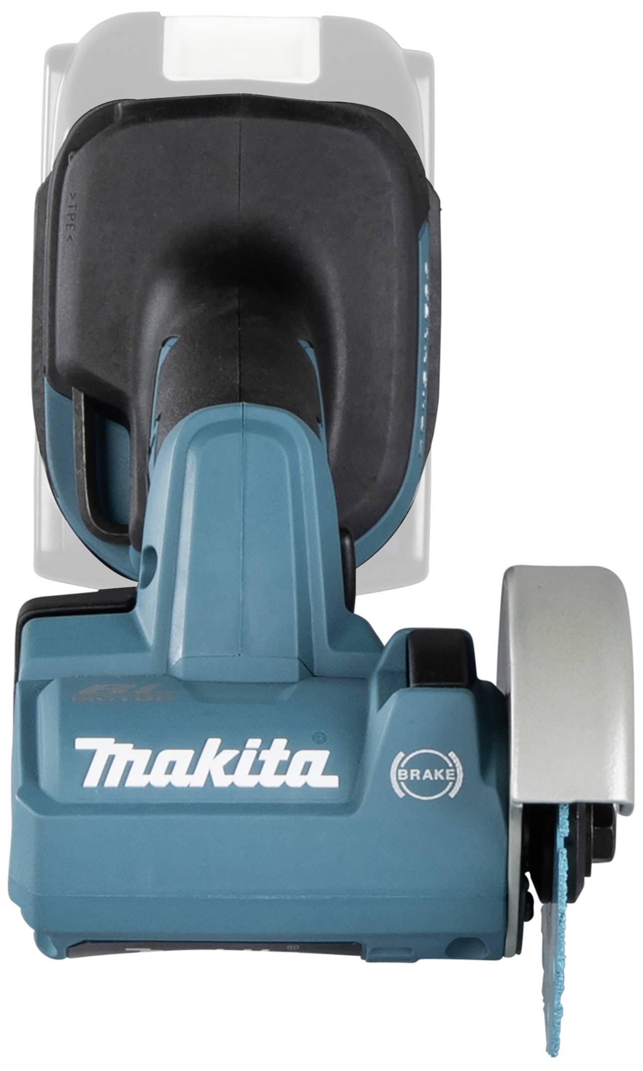 Akku-Handkreissäge von oben, Marke Makita, blaue Farbe, mit sichtbarem Sägeblatt und Griff.