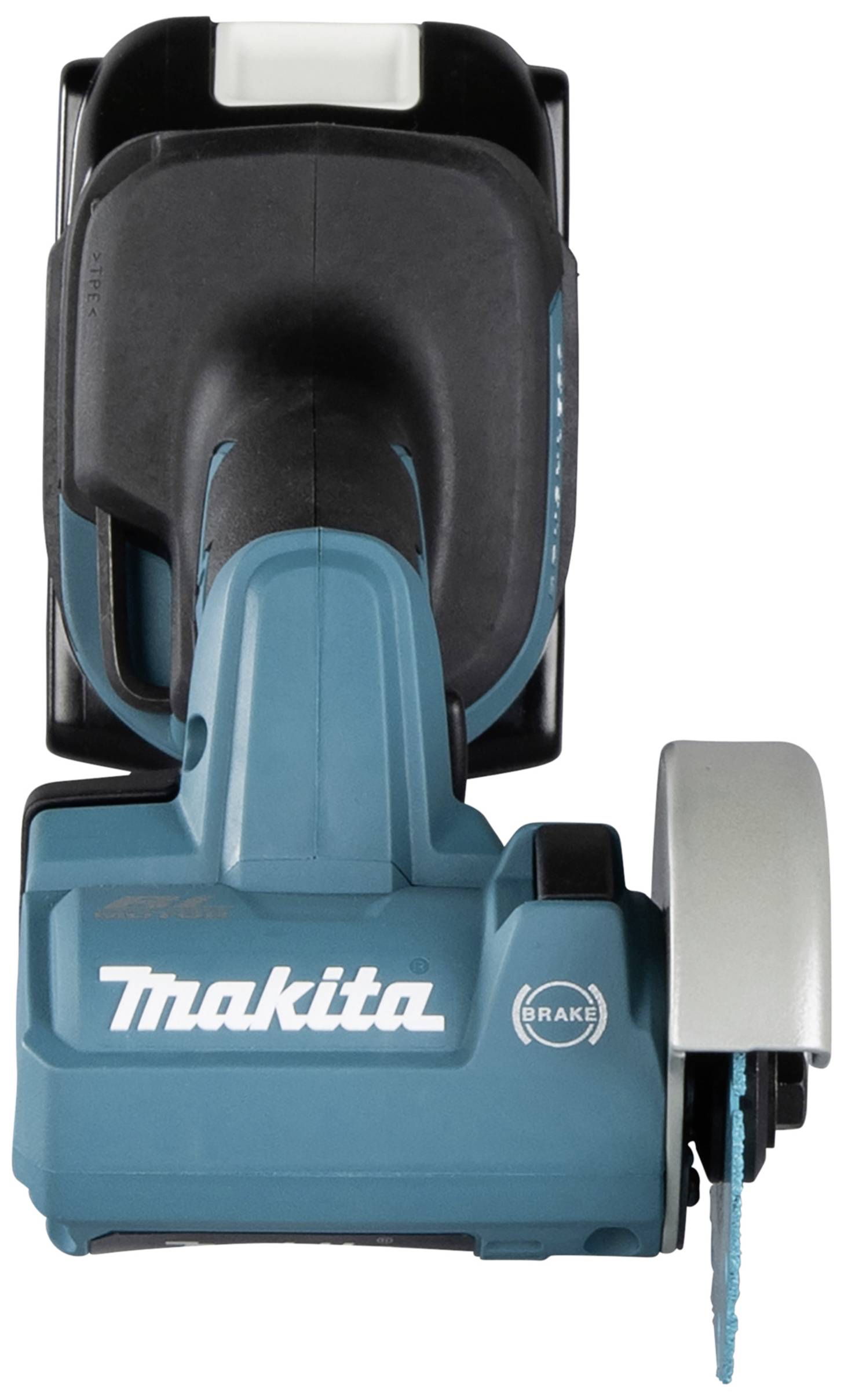 Ein elektrisches Handwerkzeug in Blau und Schwarz, mit 'Makita'-Logo, zeigt eine Klinge an der Vorderseite und diverse Bedienelemente.