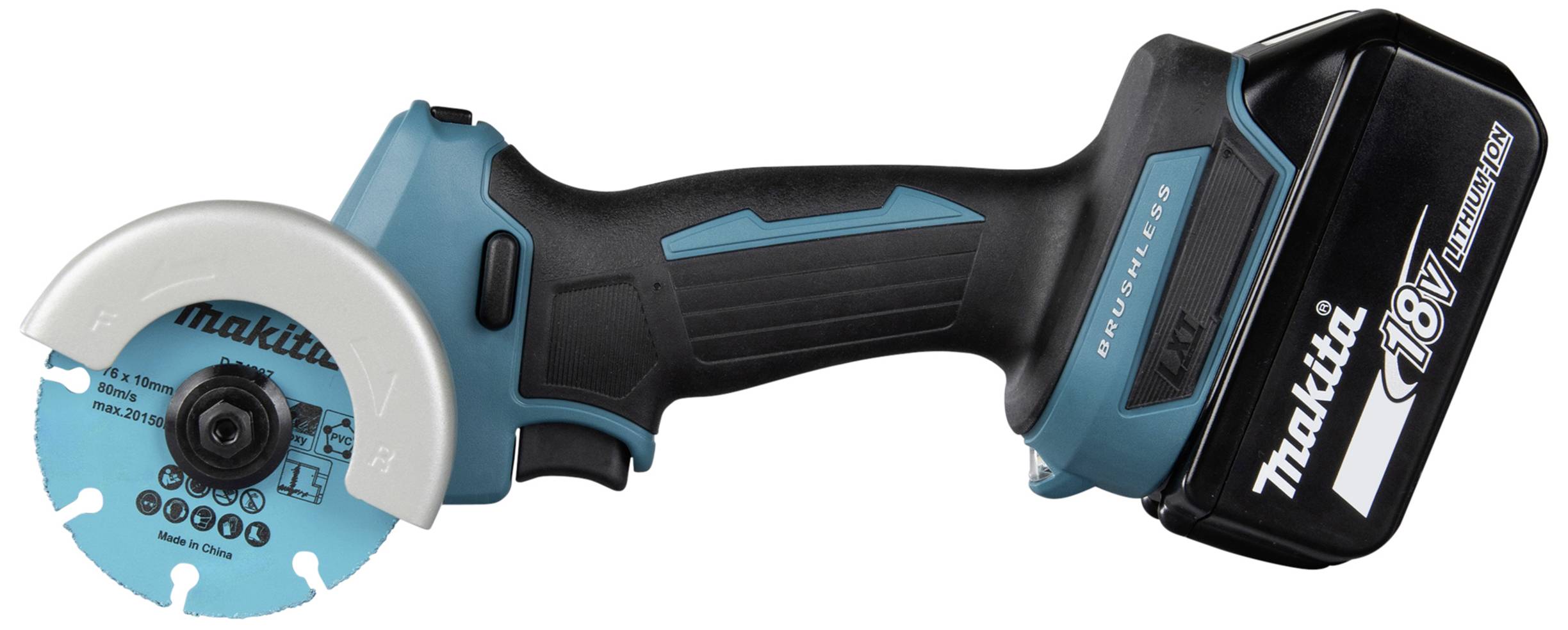 Akkubetriebene Mini-Handkreissäge von Makita mit blauem Griff und 18V-Lithium-Ionen-Akku, geeignet für präzise Schnitte.