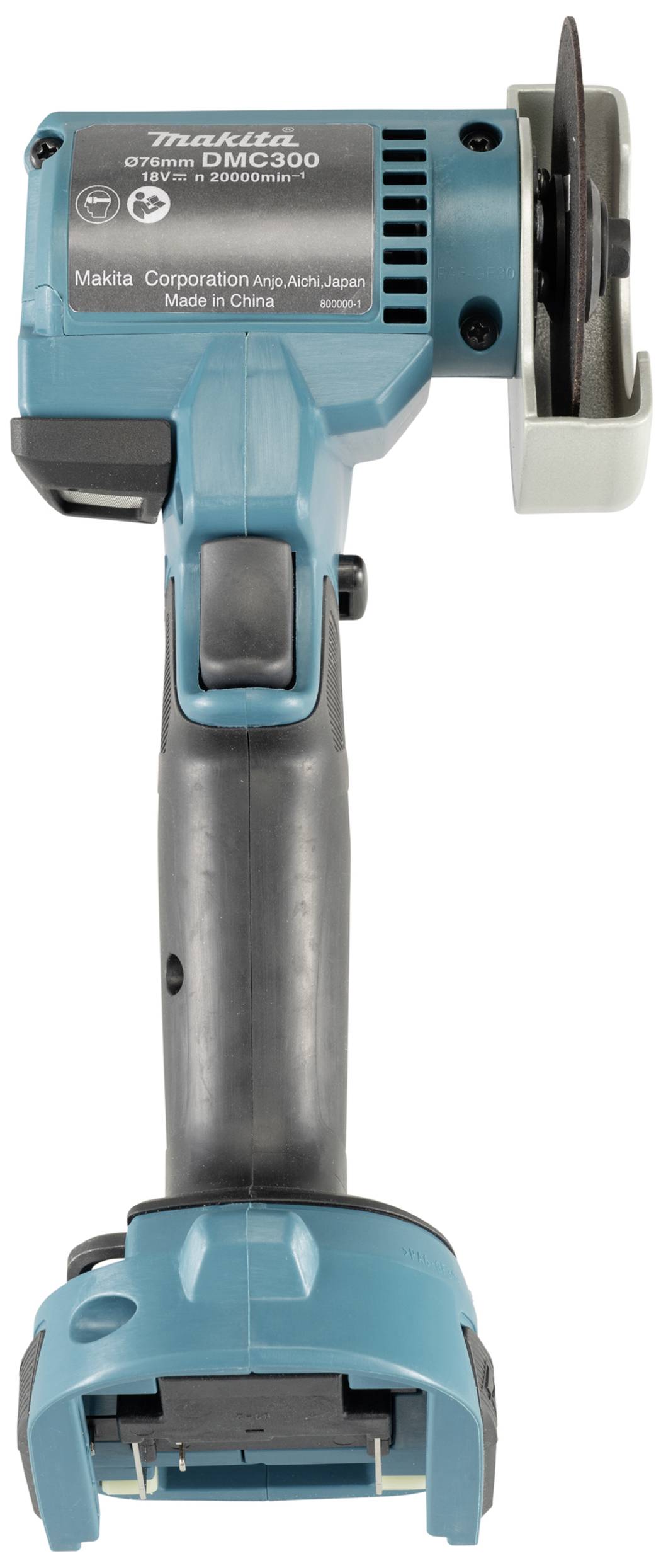 Ein blauer, kabelloser Winkelschleifer von Makita, Modell DMC300, mit einem schwarzen Griff und einer angebrachten Schleifscheibe.