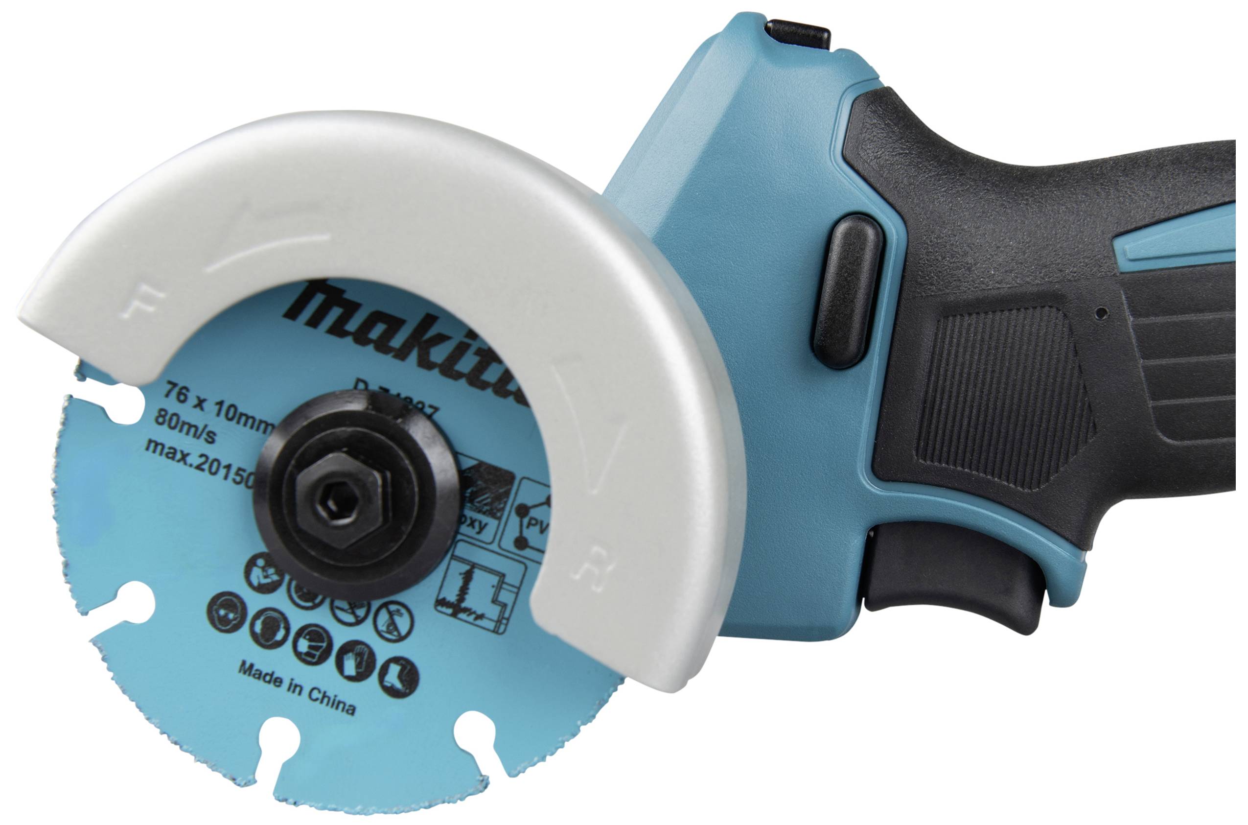 Kreissäge mit blauem Gehäuse und schwarzem Griff, Marke auf der Scheibe abgebildet, geeignet für metallische und keramische Materialien.