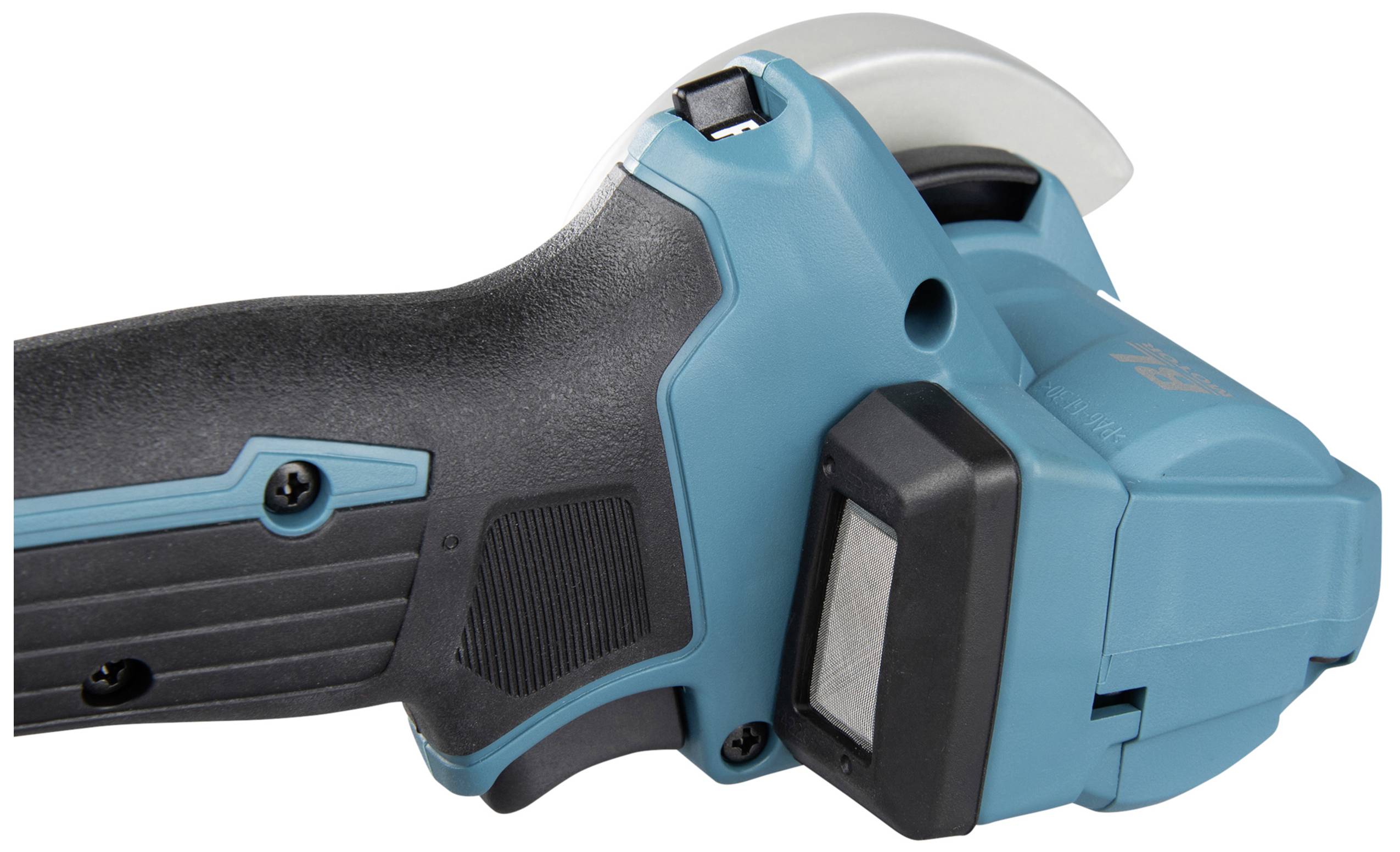 Nahaufnahme eines blauen Winkelschleifers mit schwarzem Griff, sichtbar sind der Schalter und ein Teil der Schleifscheibe.
