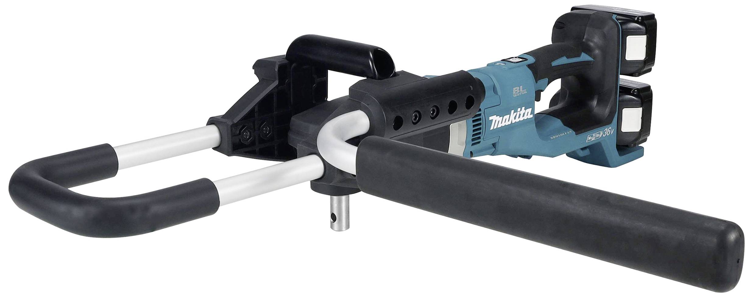 Ein akkubetriebenes, blau-schwarzes Werkzeug mit einem langen Griff und zwei Ladegeräten.