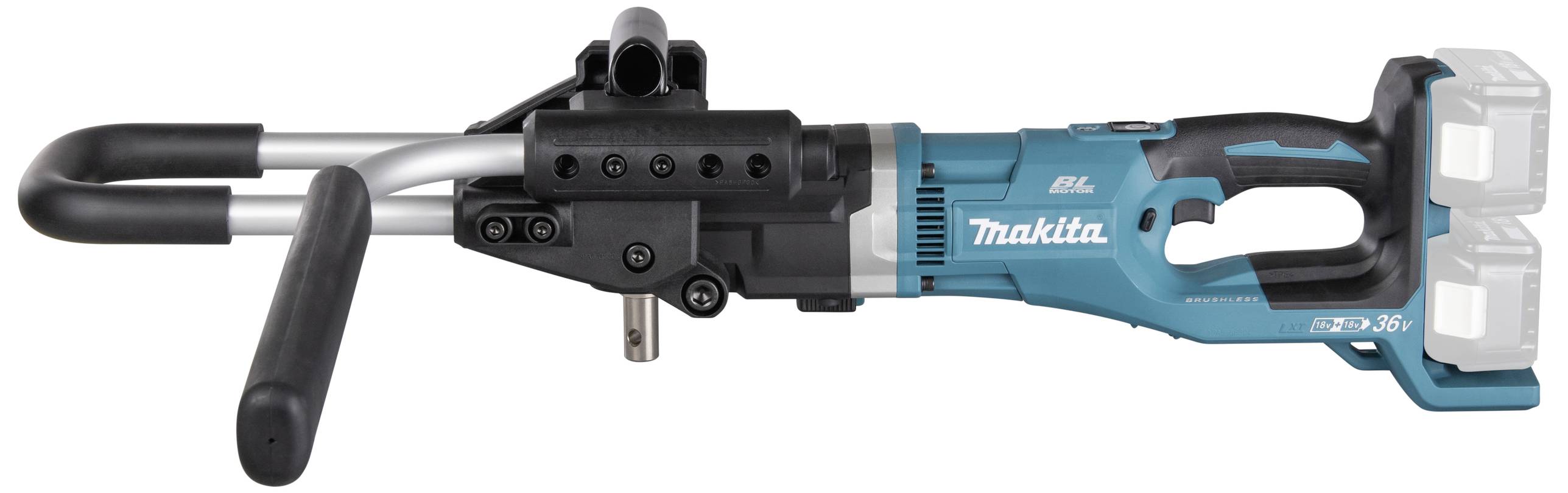 SDS-Plus-Bohrhammer von Makita mit zwei Akkuschächten, blau-schwarz, seitlicher Griff für besseren Halt.