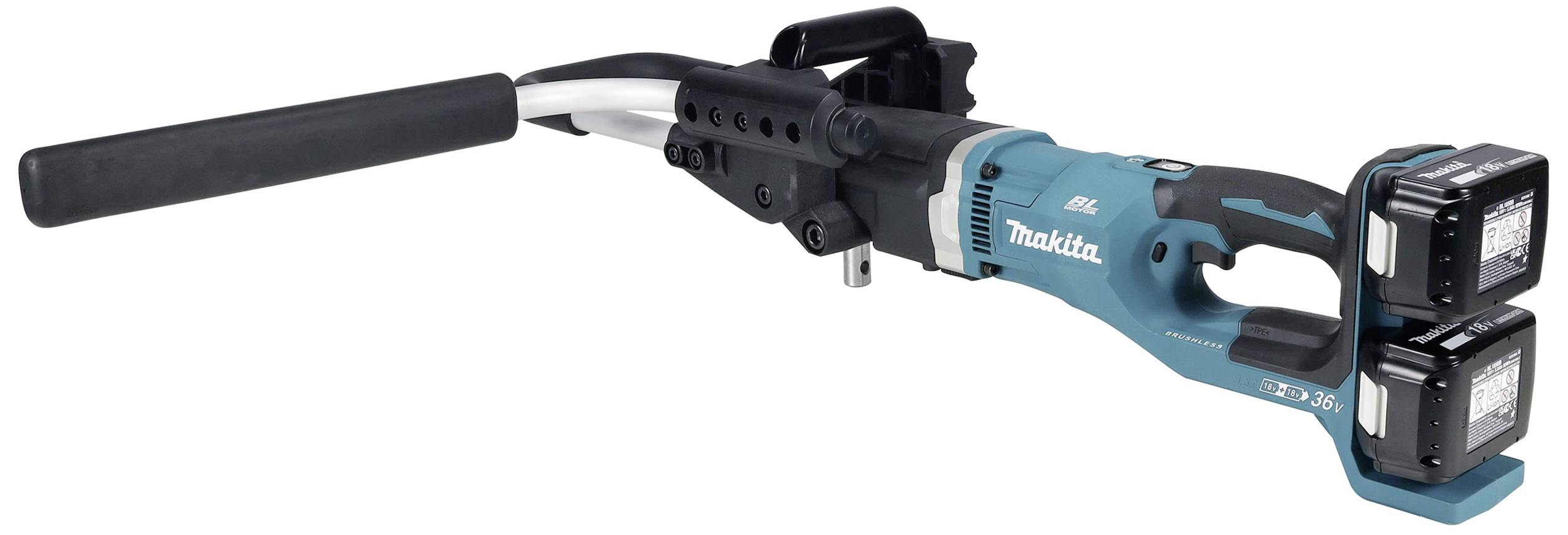 Kabelloser Bohrhammer mit blauem Gehäuse und zwei Akkus, geeignet für robuste Bauarbeiten. Markenname 'Makita' sichtbar am Gerät.