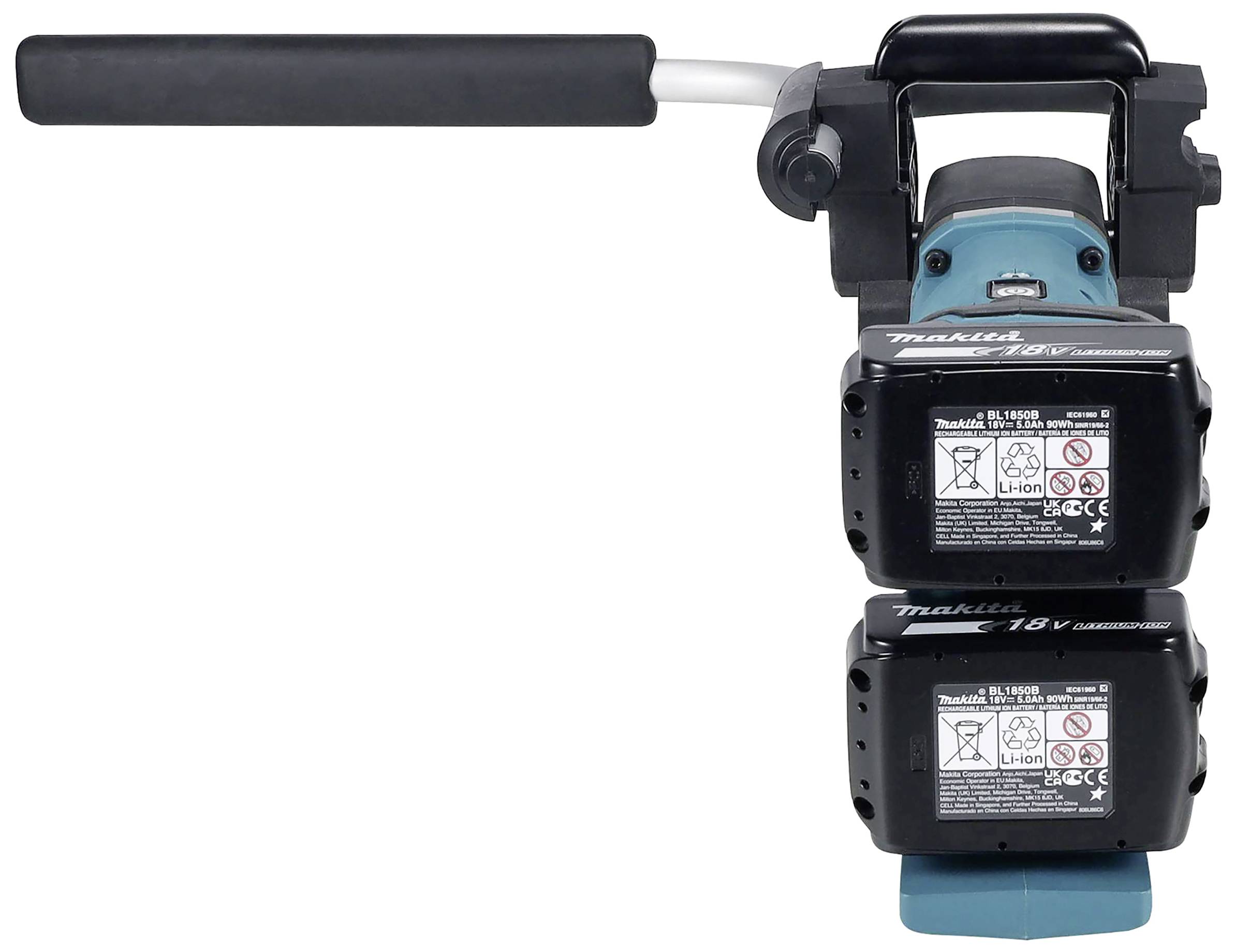 Akkubetriebene Handmaschine mit zwei Batterien und ergonomischem Griff, geeignet für handwerkliche Tätigkeiten.