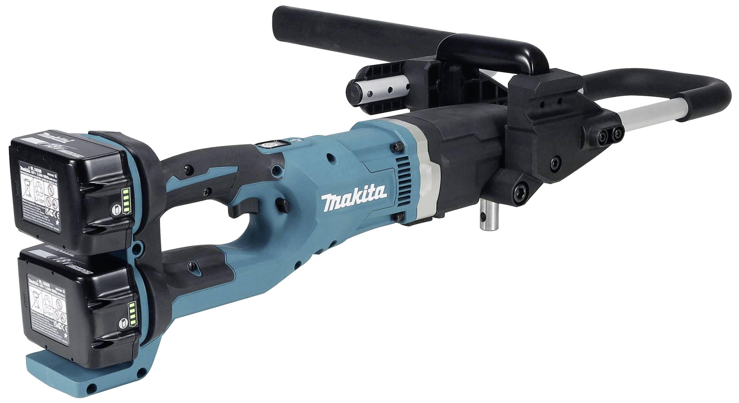 Kabelloser Bohrschrauber mit zwei Akkus, blauer Körper und schwarzem Griff. Ideal für Bau- oder Heimwerkerarbeiten.