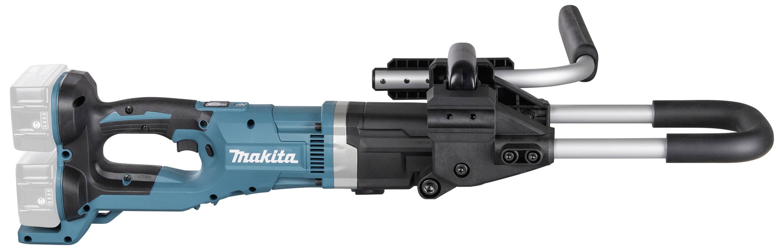 Ein blauer, kabelloser Makita-Stangenpressverbinder mit Doppelschienen und zwei Akkufächern, seitlich liegend.