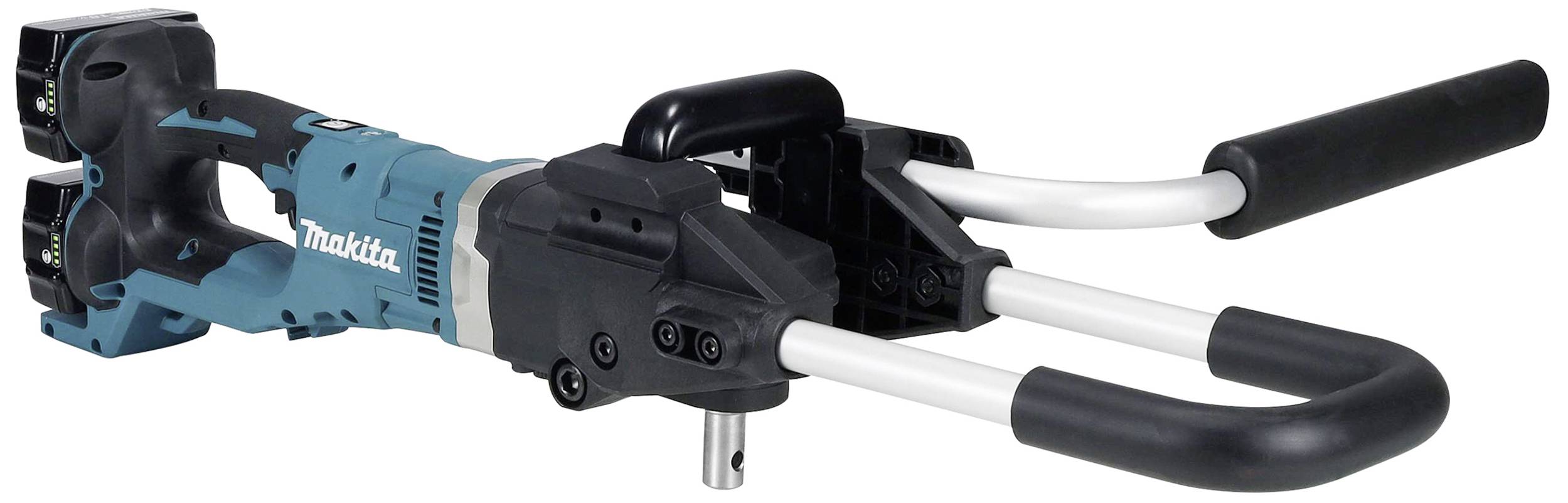 Elektrisches Werkzeug mit blauem Gehäuse und schwarzem Griff, ähnlich einer Bohrmaschine, mit zylinderförmigem Aufsatz.