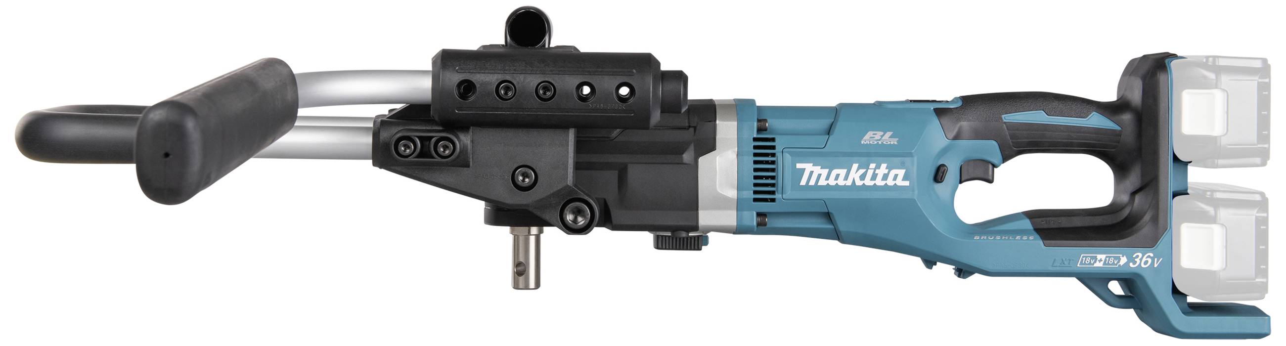 Ein blaues und schwarzes Elektrohandgerät mit zwei Griffen und einem vertikalen Anschluss. Links oben steht 'Makita'.