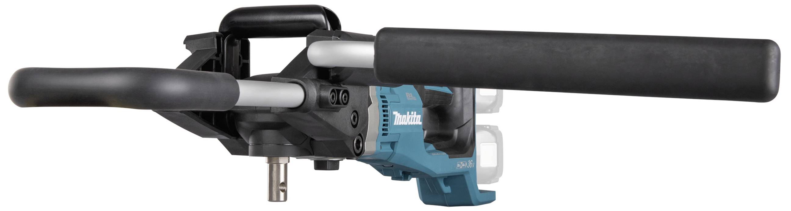 Ein elektrischer Bohrhammer mit schwarzem Griff und blauem Gehäuse, liegend dargestellt. Geeignet für Bauarbeiten oder Renovierungen.