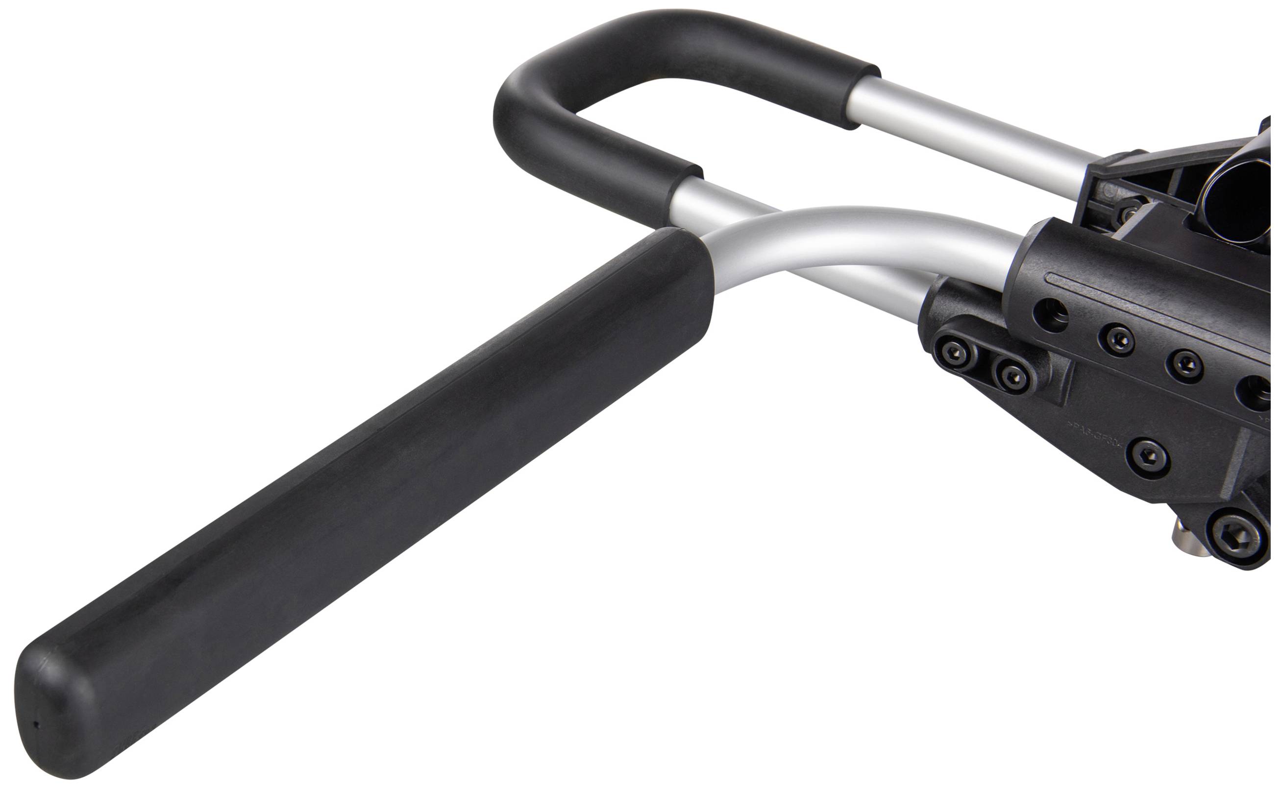 Schwarzer Griff an einem silbernen Klappmechanismus, vermutlich Teil eines Werkzeugs oder Möbelstücks, vor weißem Hintergrund.