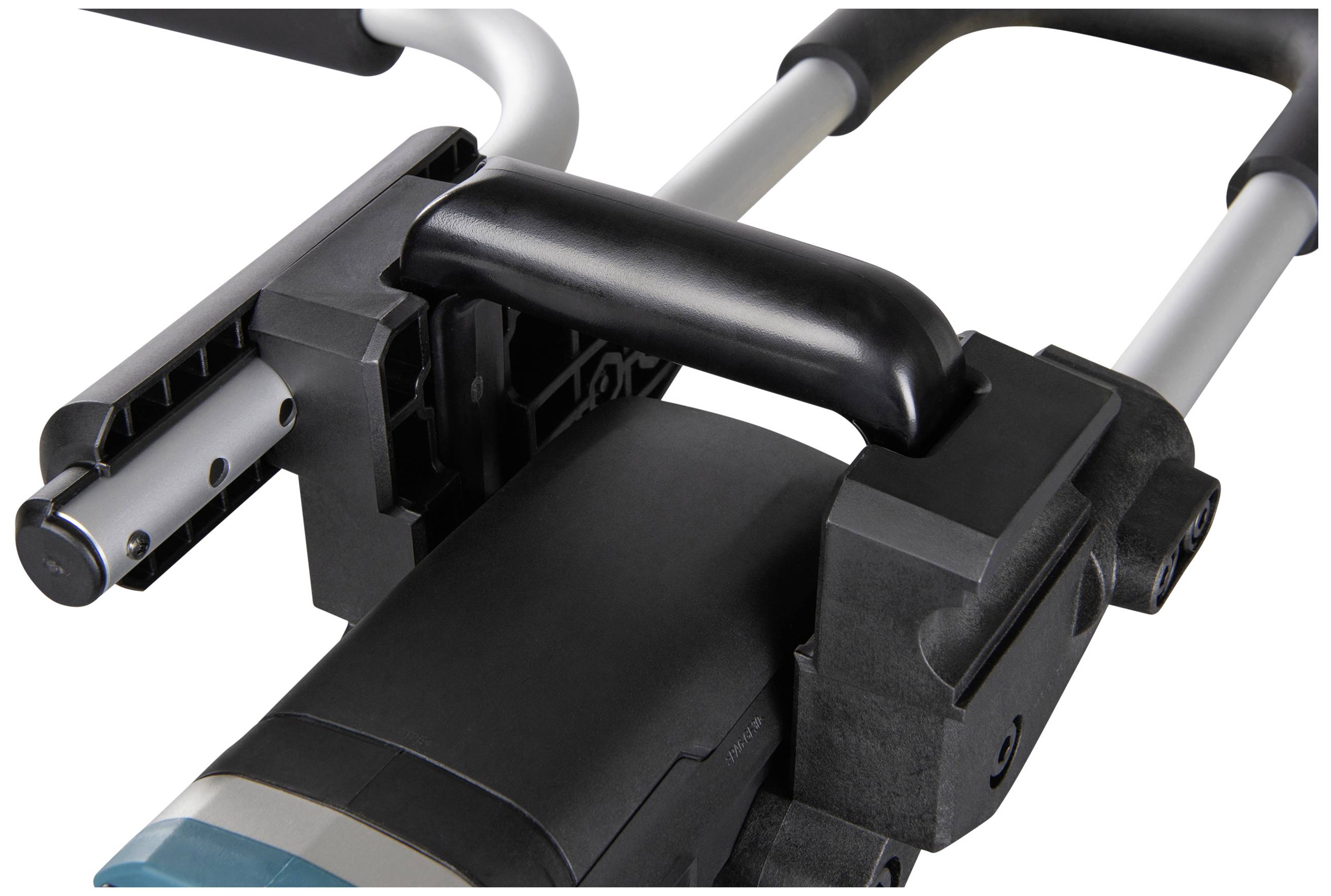 Ein Trolleygriff mit einem Schiebegriffmechanismus. Der Griff ist schwarz mit silbernen Teleskopstangen, auf einem weißen Hintergrund.