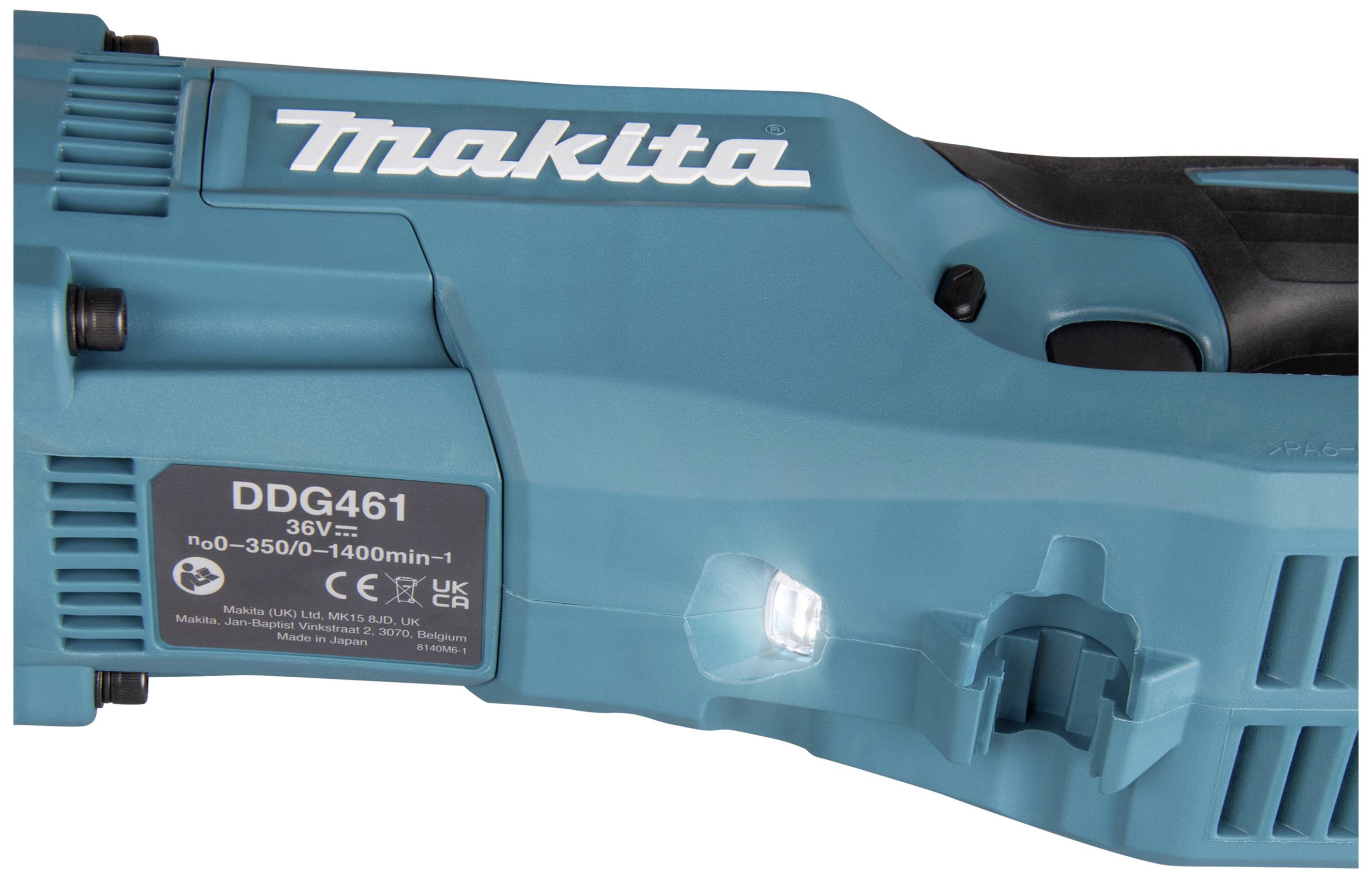 Ein blauer, kabelloser Makita-Bohrschrauber mit LED-Licht. Modell: DDG461. Leistungsbereich: 0-3500/1400 U/min bei 36V.