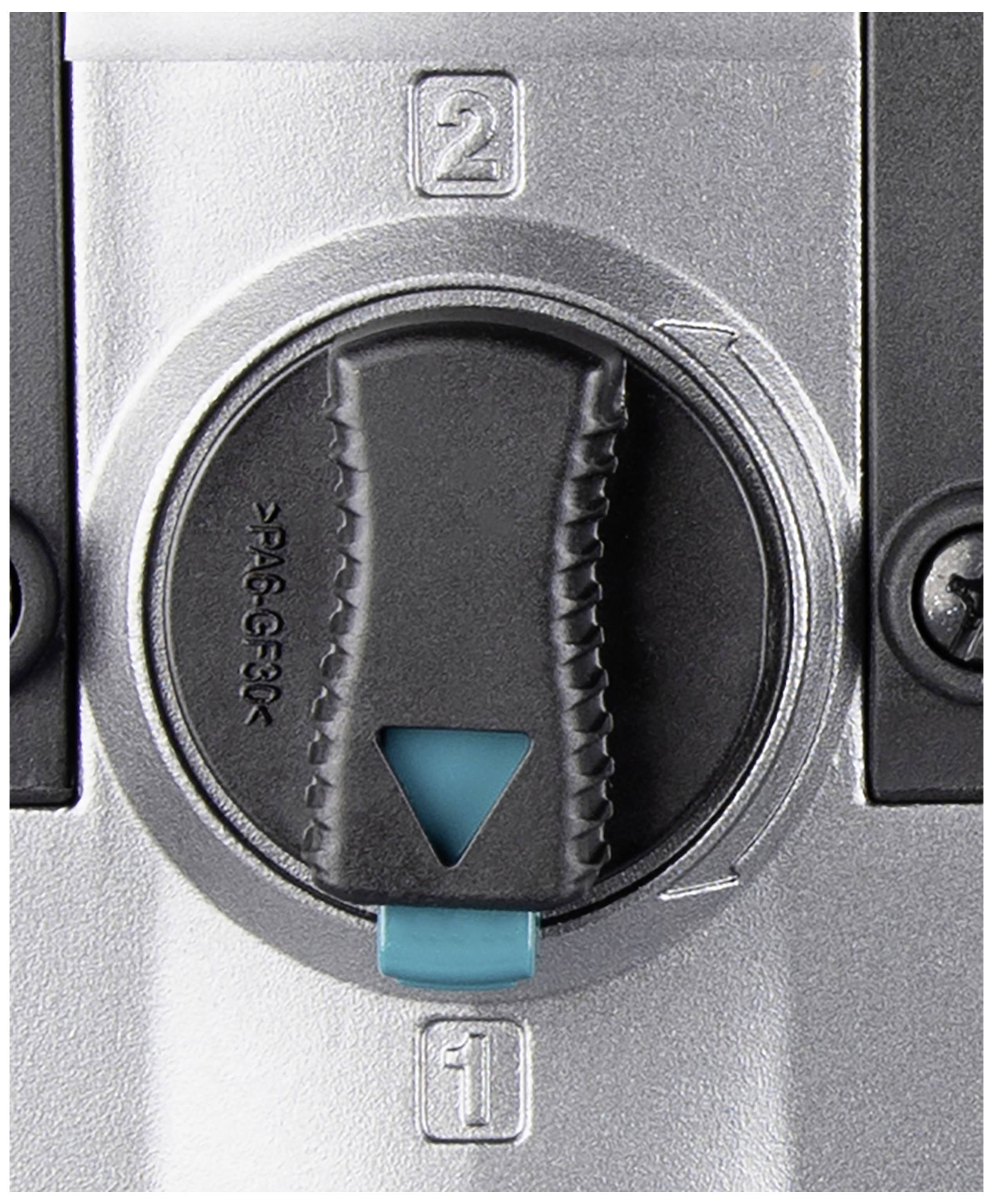 Ein grauer Handgriff mit schwarzem Hebel und blauer Markierung zeigt die Position 1 oder 2 an, um eine Funktion umzuschalten.