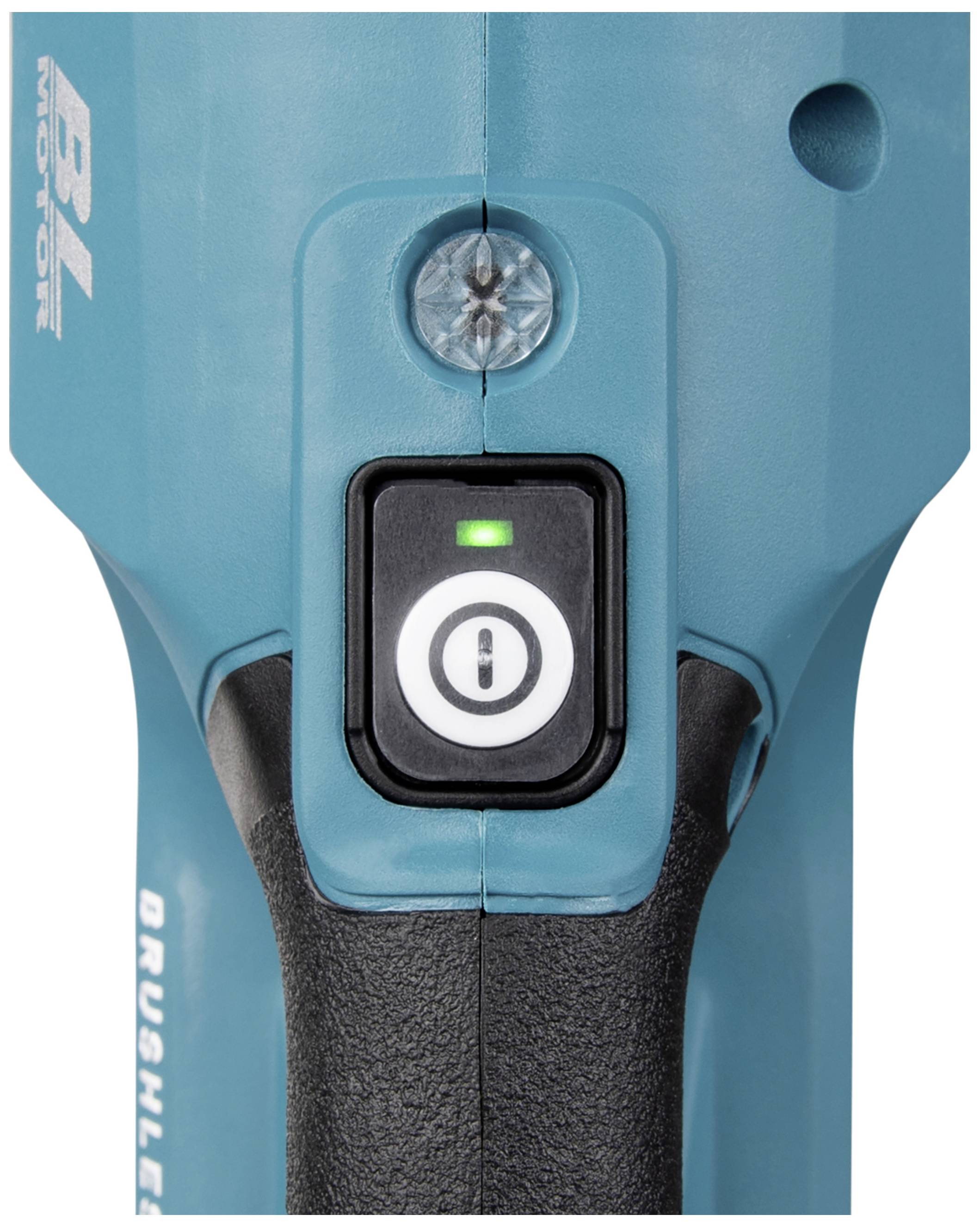 Ein blaues Elektrowerkzeug mit schwarzem Griff und weißem Ein-/Ausschalter. Ein grünes Licht zeigt den Betriebszustand an.