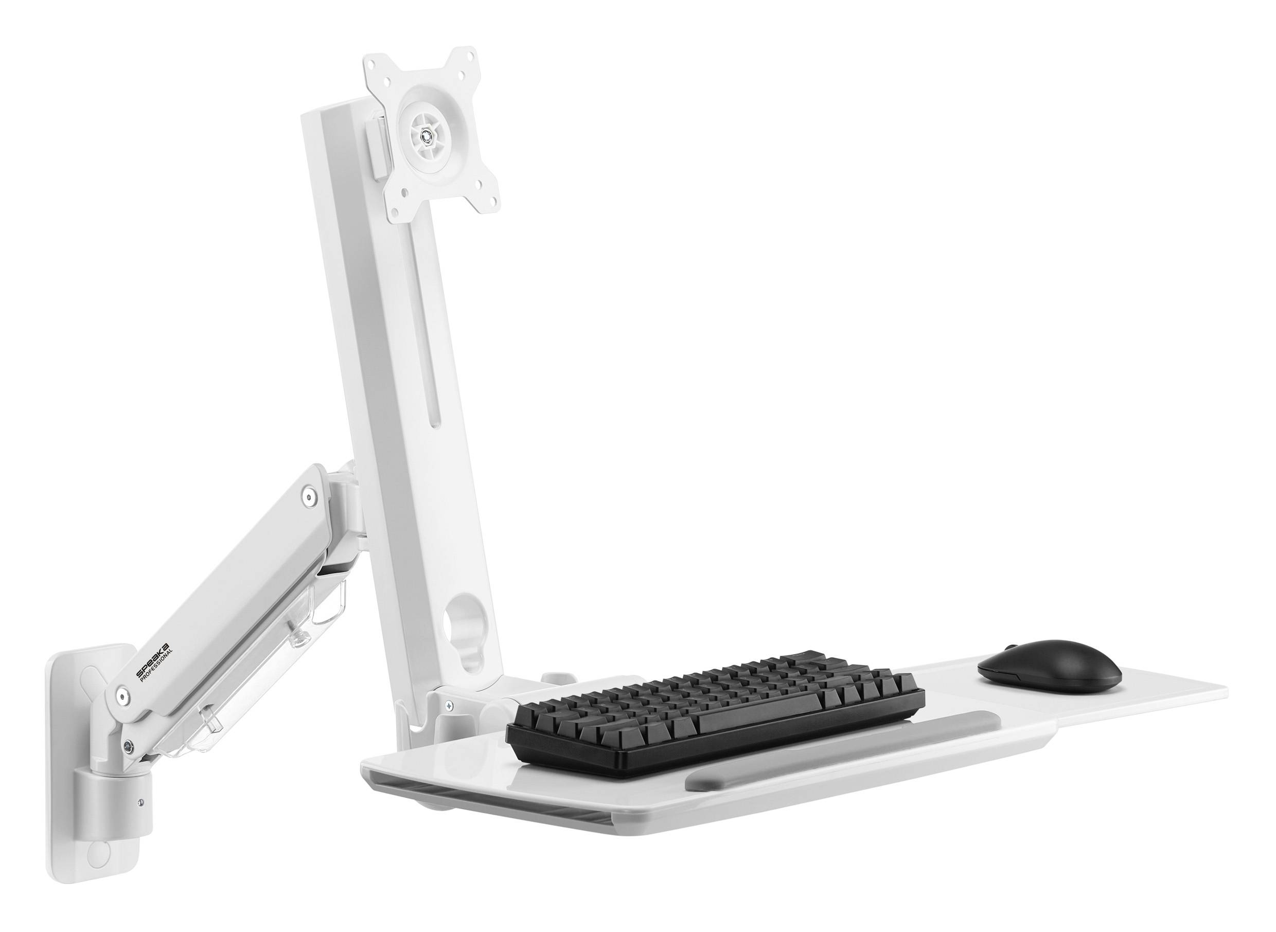 Ein weißer, verstellbarer Schreibtischarm mit Monitorhaltering, Tastaturfach und Mausablage, montiert an einer Wandhalterung.