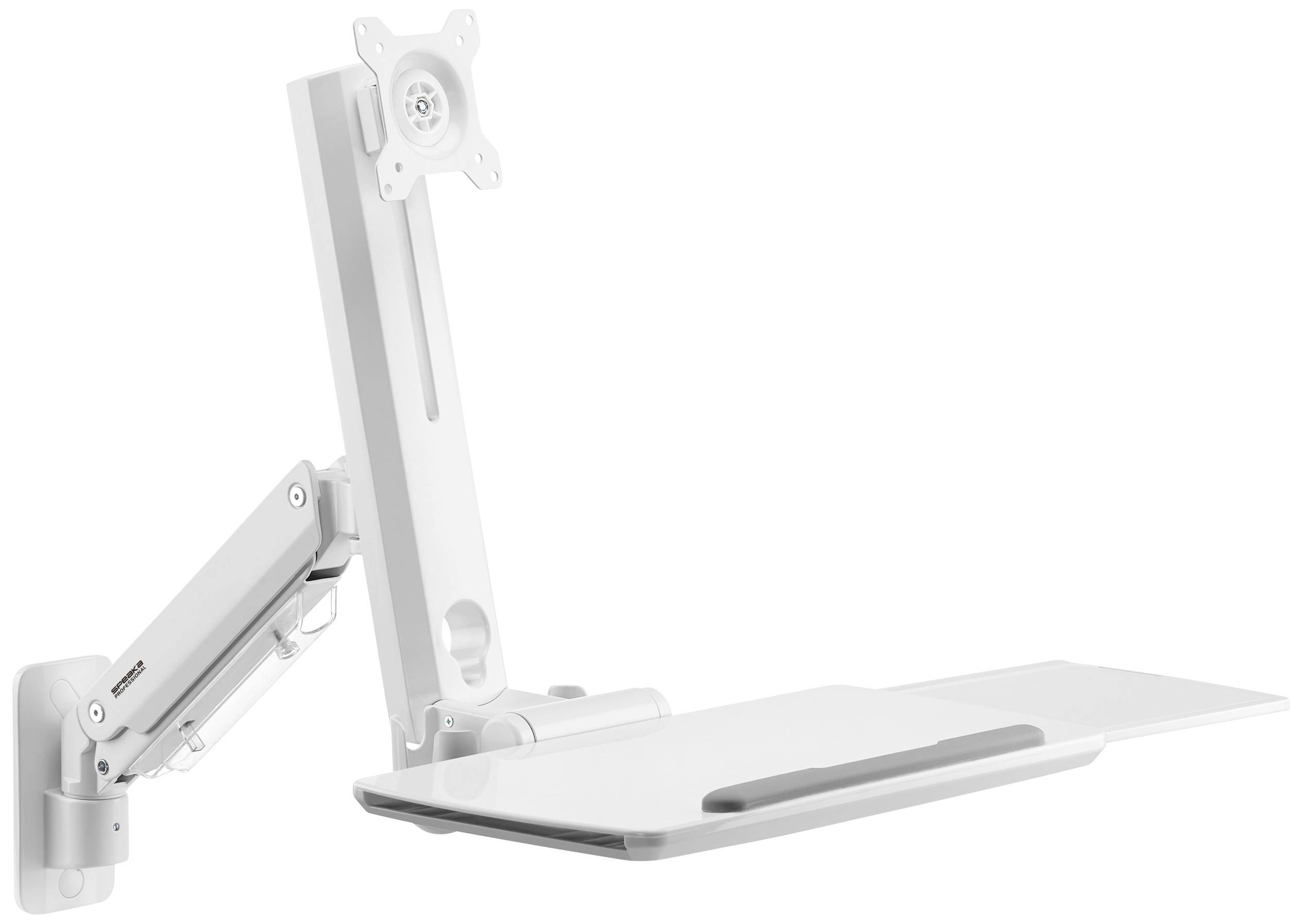 Ein ergonomischer, weißer Wandhalterungsarm mit verstellbarem Monitorständer und Tastaturablage, ideal für Büroarbeitsplätze.