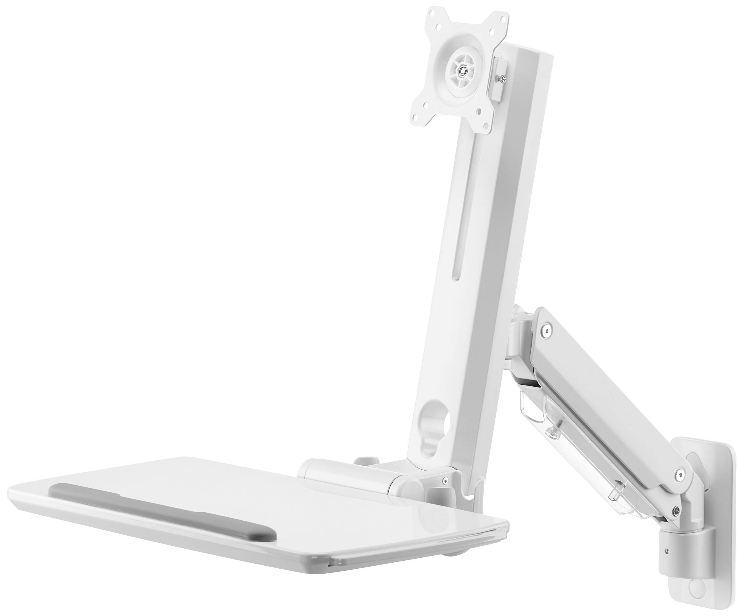 Monitorhalterung mit verstellbarem Arm, geeignet zur Wandmontage. Enthält Ablage für Tastatur und Maus. Ideal für ergonomische Arbeitsplätze.