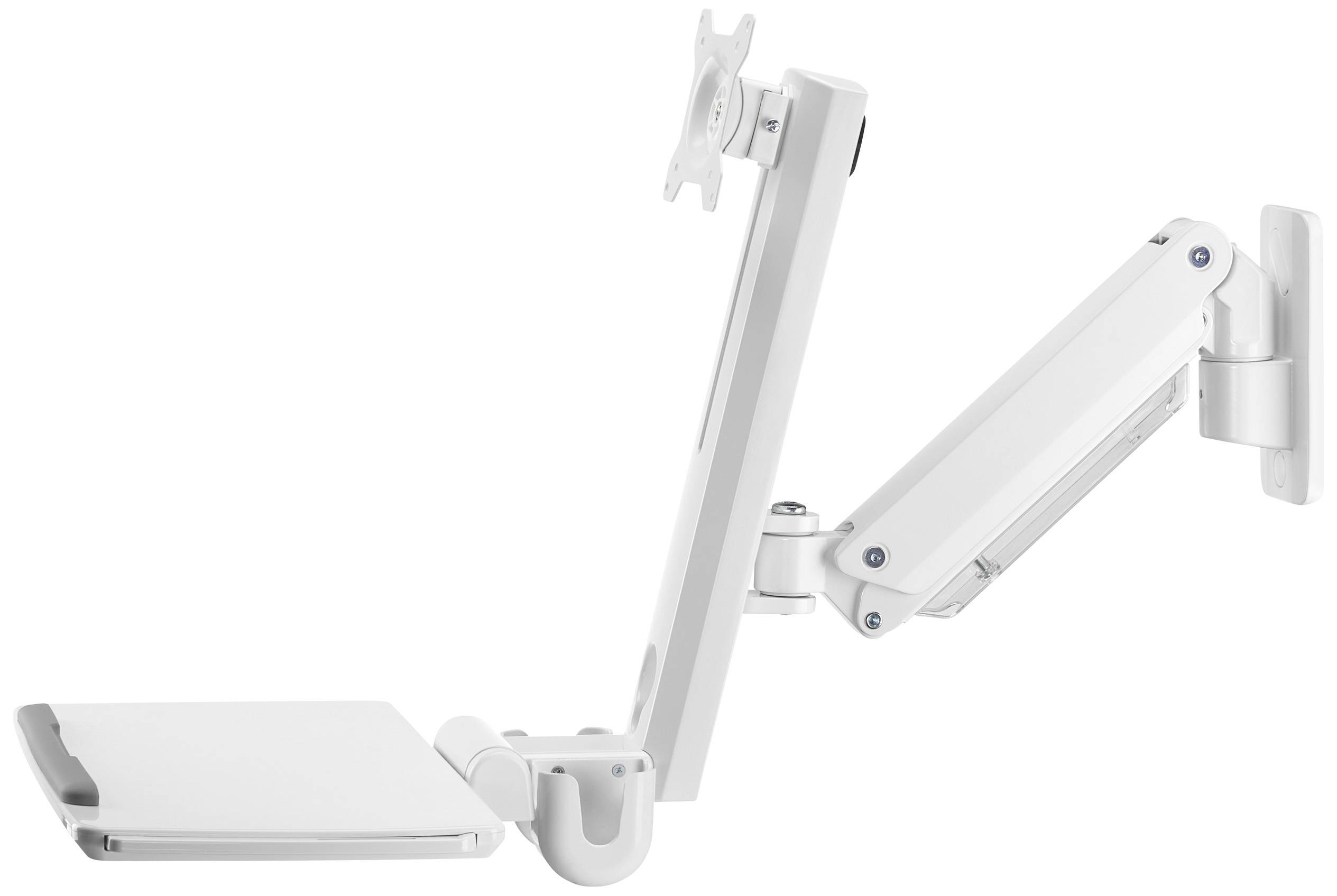 Ein weißer, verstellbarer Monitorarm mit mehreren Gelenken. Der Arm ist an einer Wandhalterung befestigt und bietet flexible Positionierung.