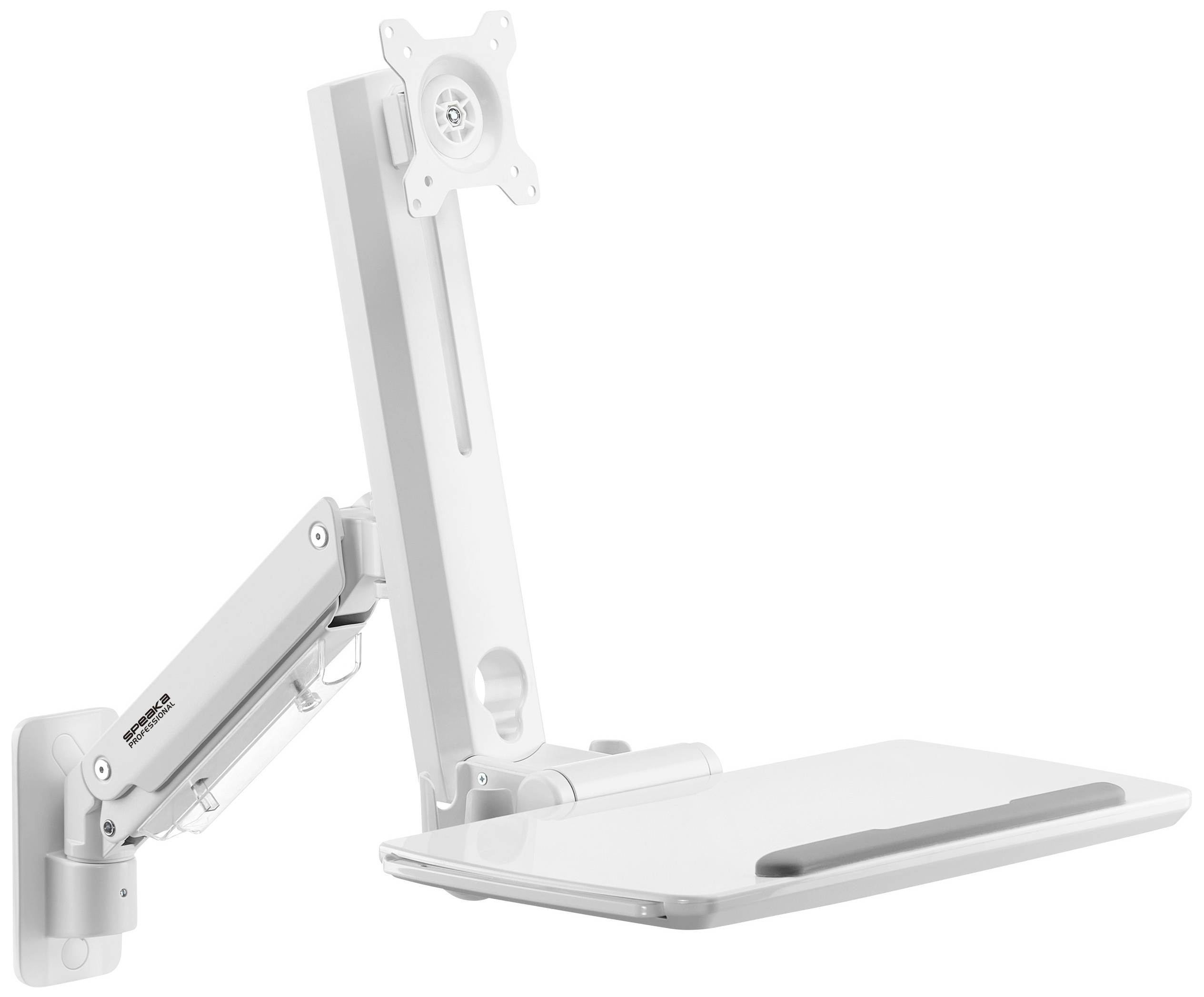 Monitorhalterung und Arbeitsplatte in Weiß, an der Wand montiert, ermöglicht flexible Bildschirmpositionierung und Arbeitsplatzorganisation.