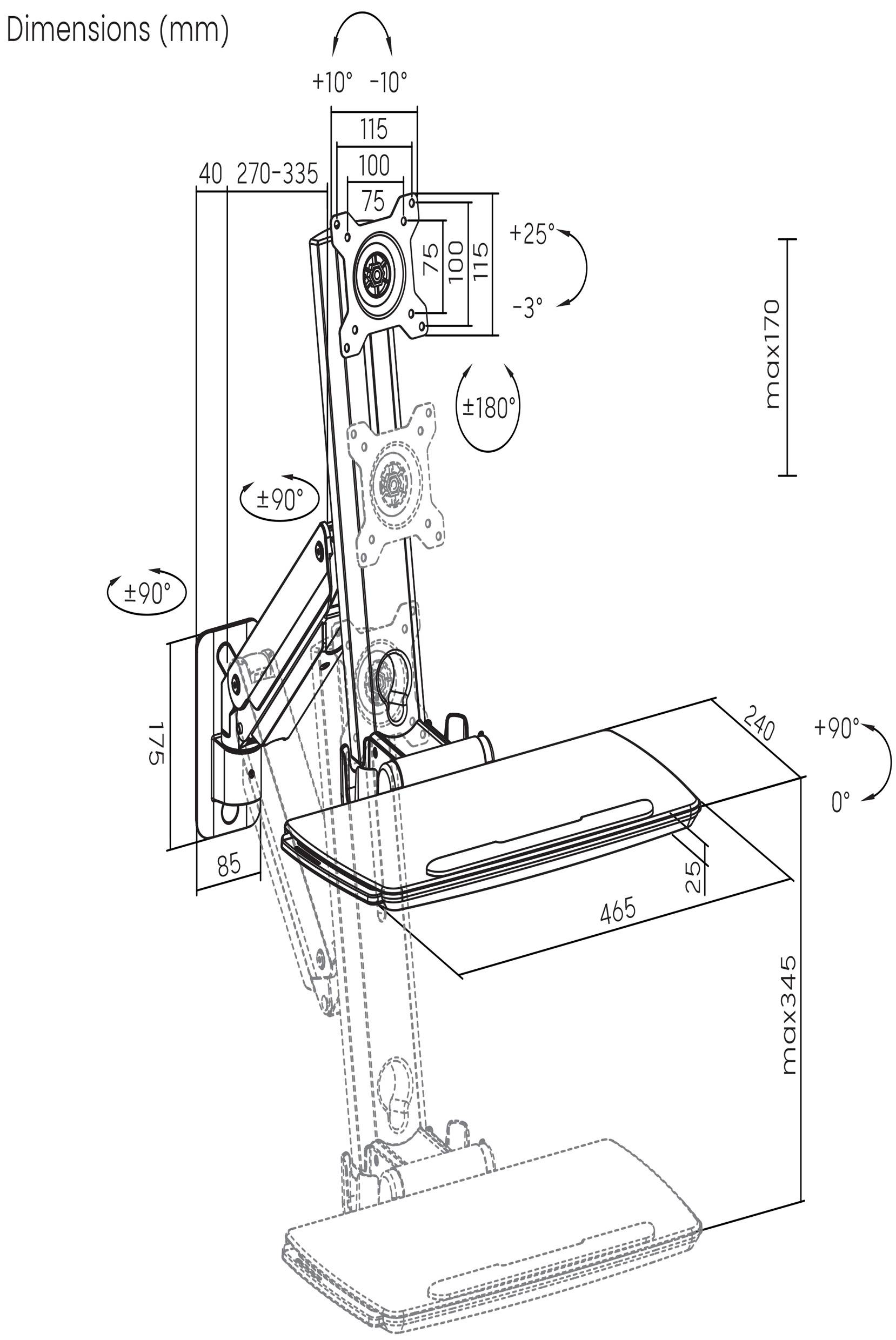 Technische Zeichnung einer Monitorhalterung. Beinhaltet Maße in mm, Winkelverstellmöglichkeiten und maximale Höhen- und Breitenreichweite.
