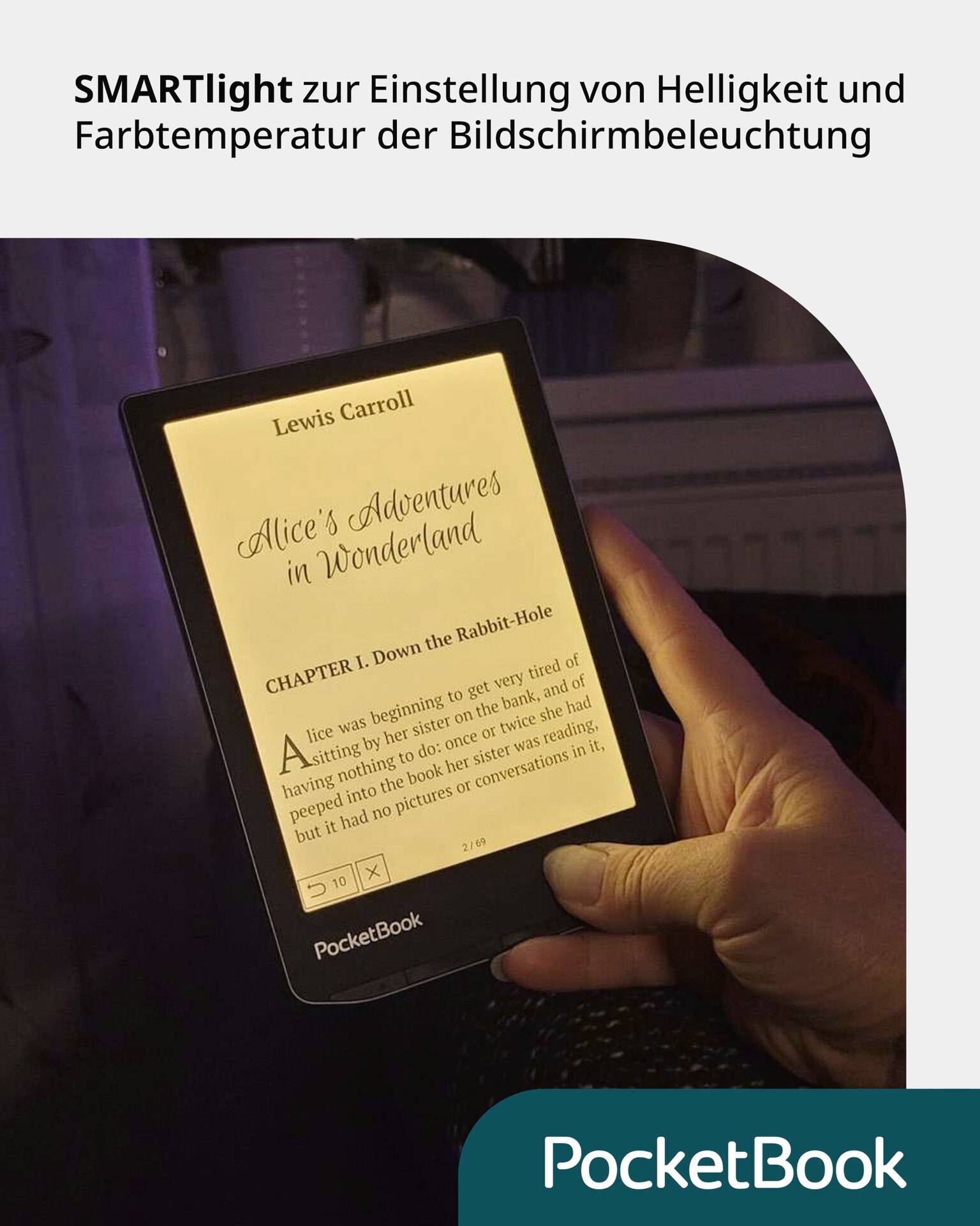Ein E-Reader zeigt 'Alice's Adventures in Wonderland' an. Der Text beschreibt die SMARTlight-Funktion zur Bildschirmeinstellung.