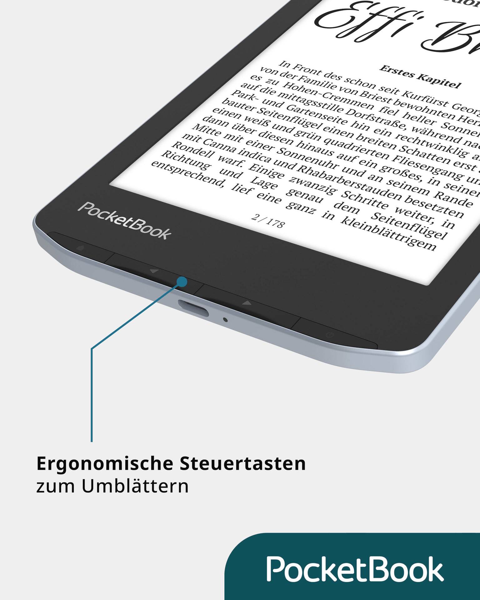 E-Book-Reader mit Text 'Ergonomische Steuertasten zum Umblättern', zeigt Detail eines Taschenbuch-Designs.