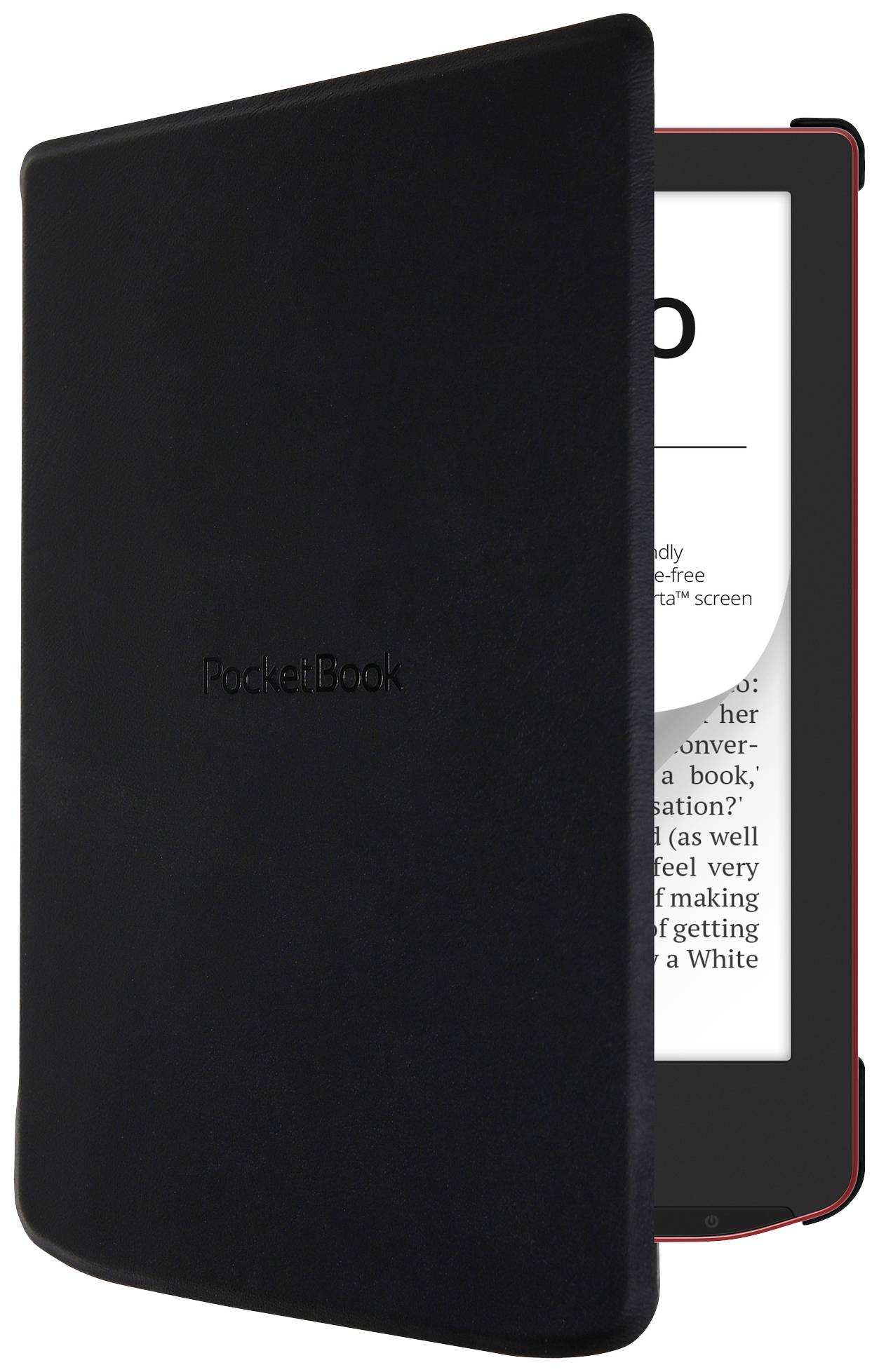 Ein E-Reader mit schwarzer Schutzhülle. Der Bildschirm zeigt einen geöffneten Text. Der Markenname 'PocketBook' ist auf der Hülle zu sehen.