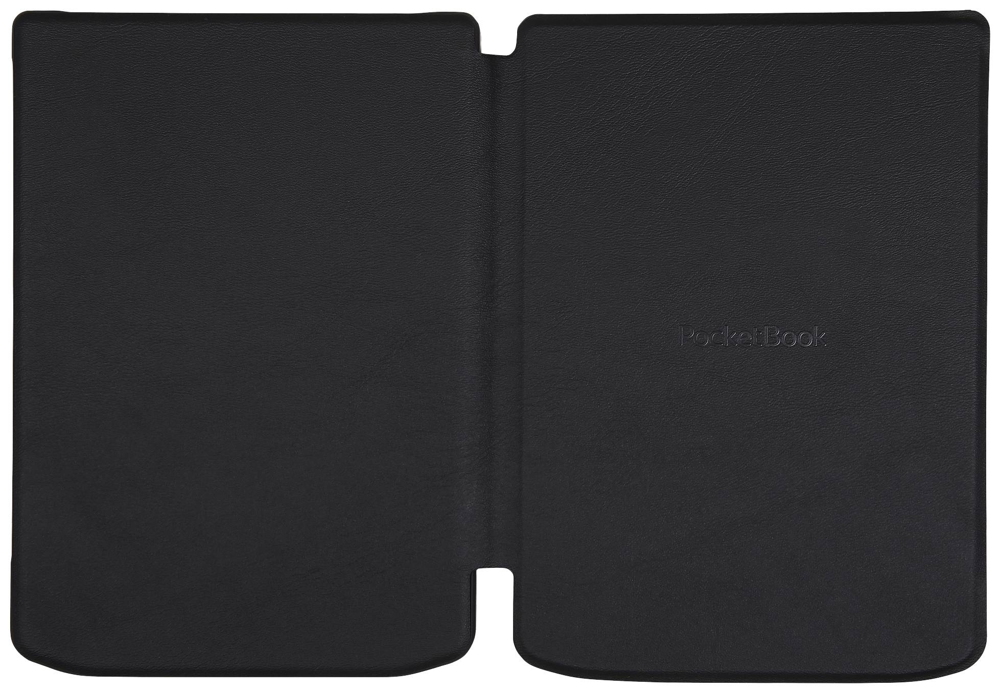 Eine schwarze, offene Lederhülle, wahrscheinlich für ein Amazon Kindle, ohne sichtbares Gerät. Glatte Textur, schlichtes Design.