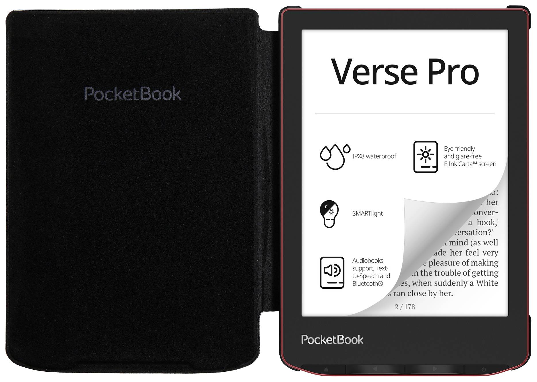 E-Reader 'PocketBook Verse Pro' mit aufgeschlagenem Bildschirm. Display zeigt Symbole und Text mit Funktionen wie wasserdicht und E-Ink Bildschirm.