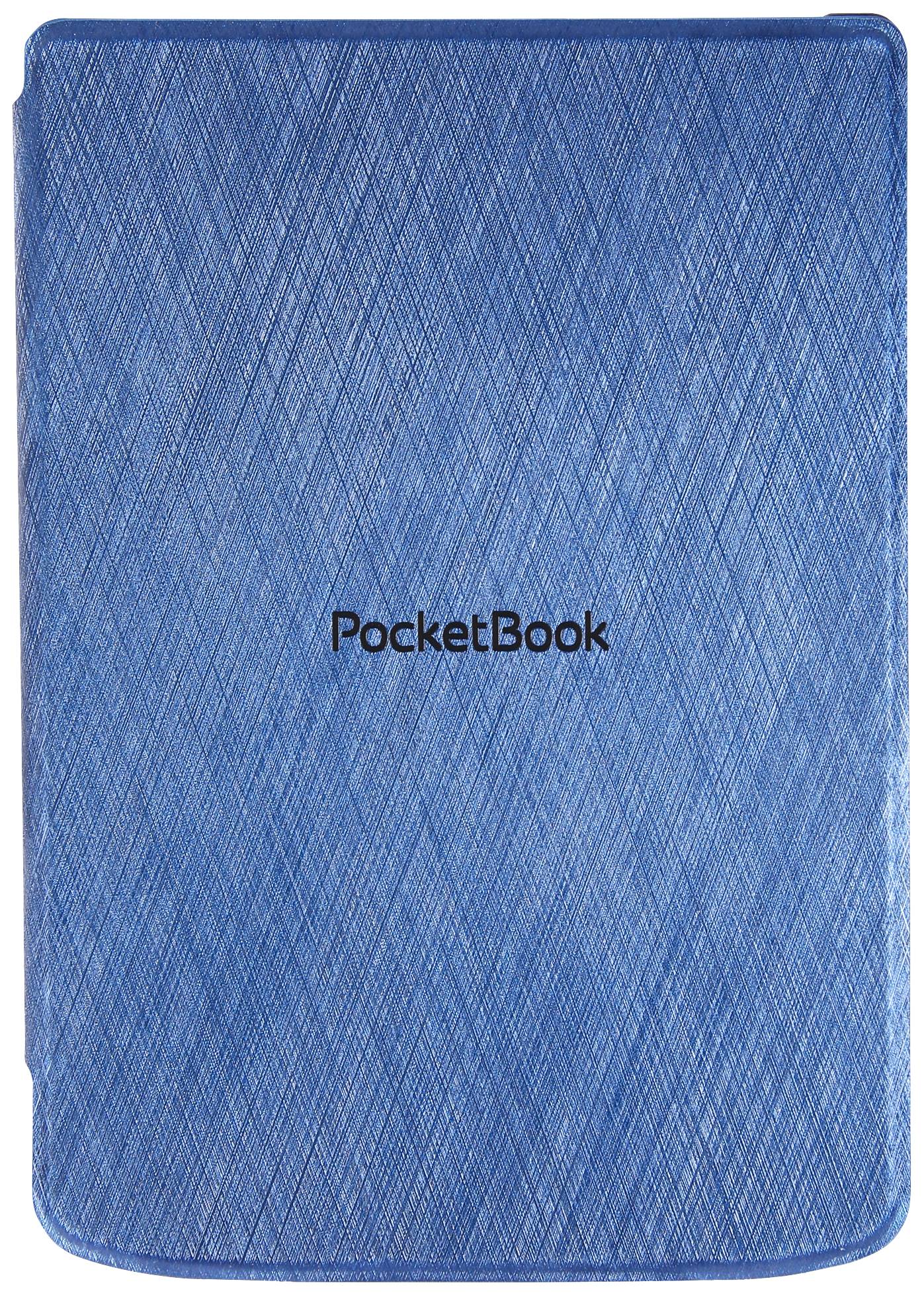 Buchhülle aus blauem Stoff mit dem Schriftzug 'PocketBook' in der Mitte.