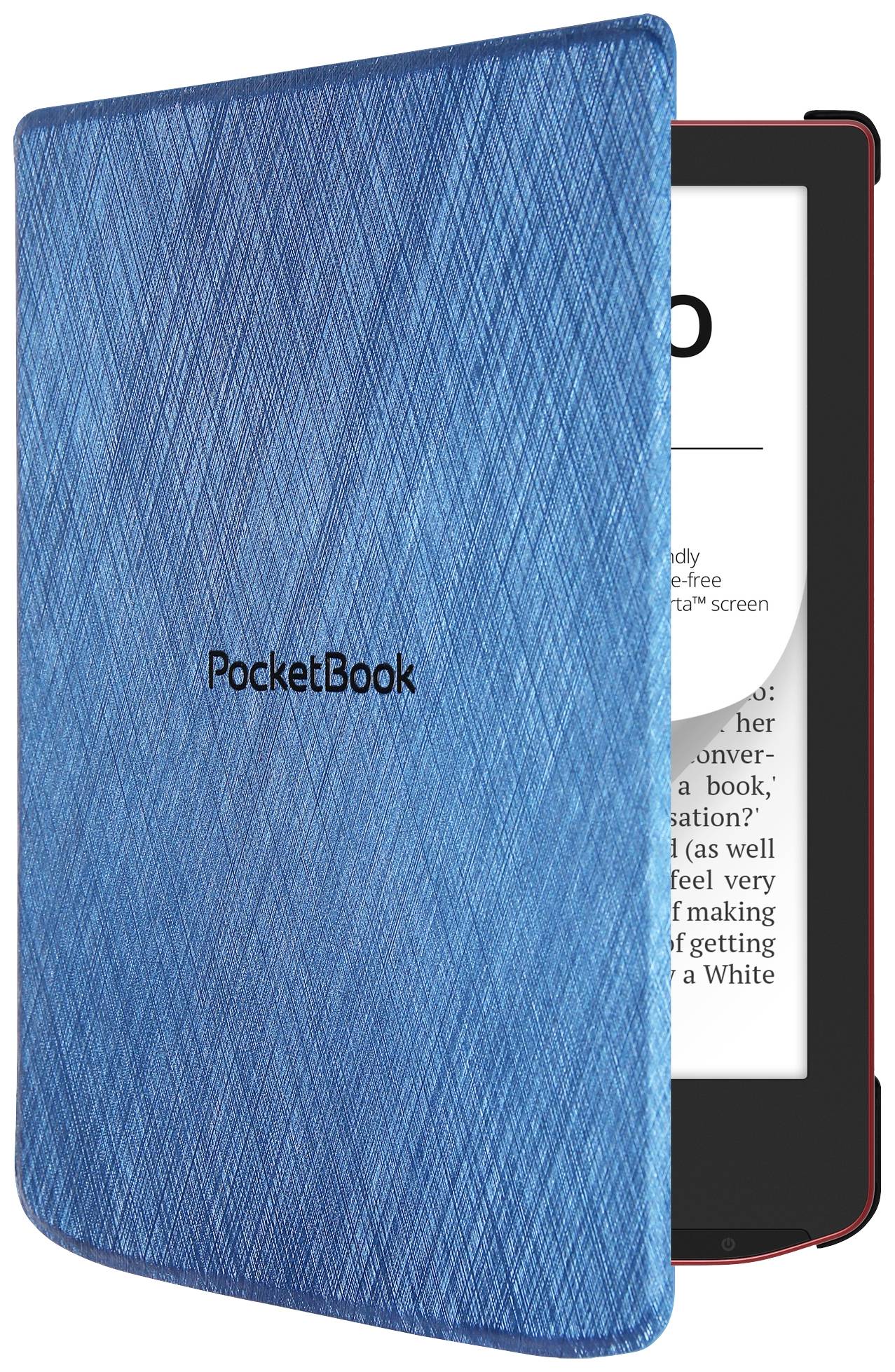 Ein E-Reader, teilweise von einer blauen Hülle umhüllt. Der Bildschirm zeigt Text aus einem Buch.