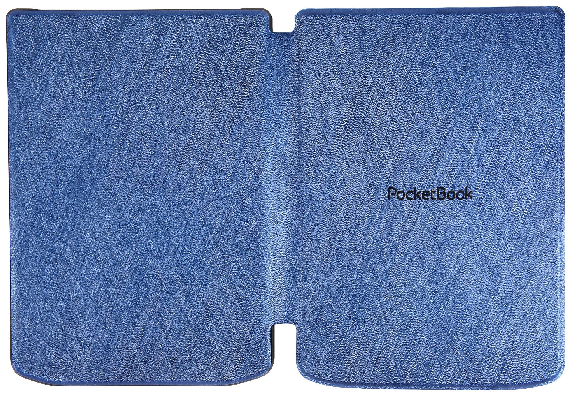 Blaues PocketBook-Hüllenetui, geöffnet, mit einer strukturierten Oberfläche.