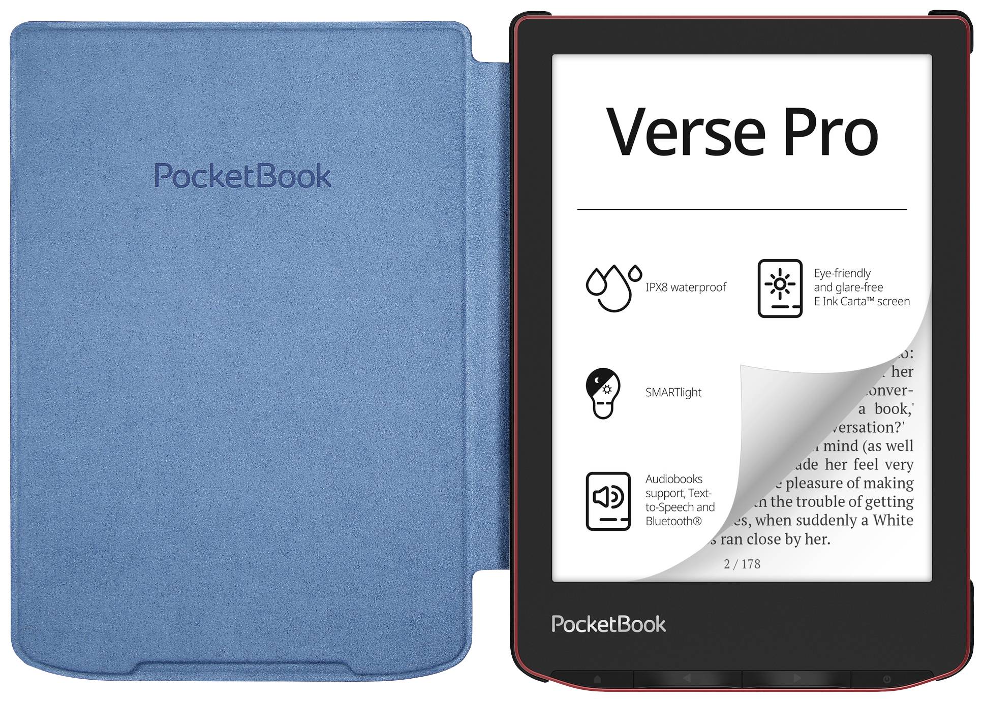 Ein E-Reader mit geöffneter blauer Hülle zeigt eine Seite mit dem Titel 'Verse Pro'. Er bietet wasserfestes Design und augenschonendes Display.