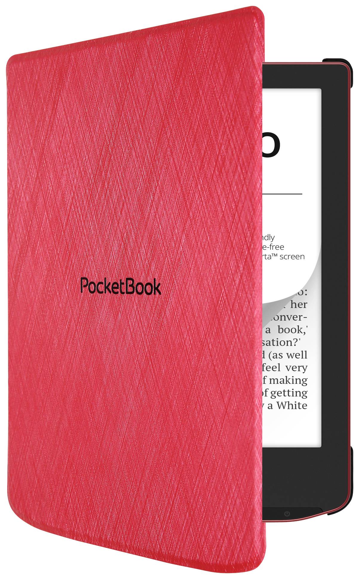 Roter E-Reader mit teilweise geöffnetem Cover, zeigt einen Textausschnitt auf dem Bildschirm. Marke 'PocketBook' auf dem Cover sichtbar.