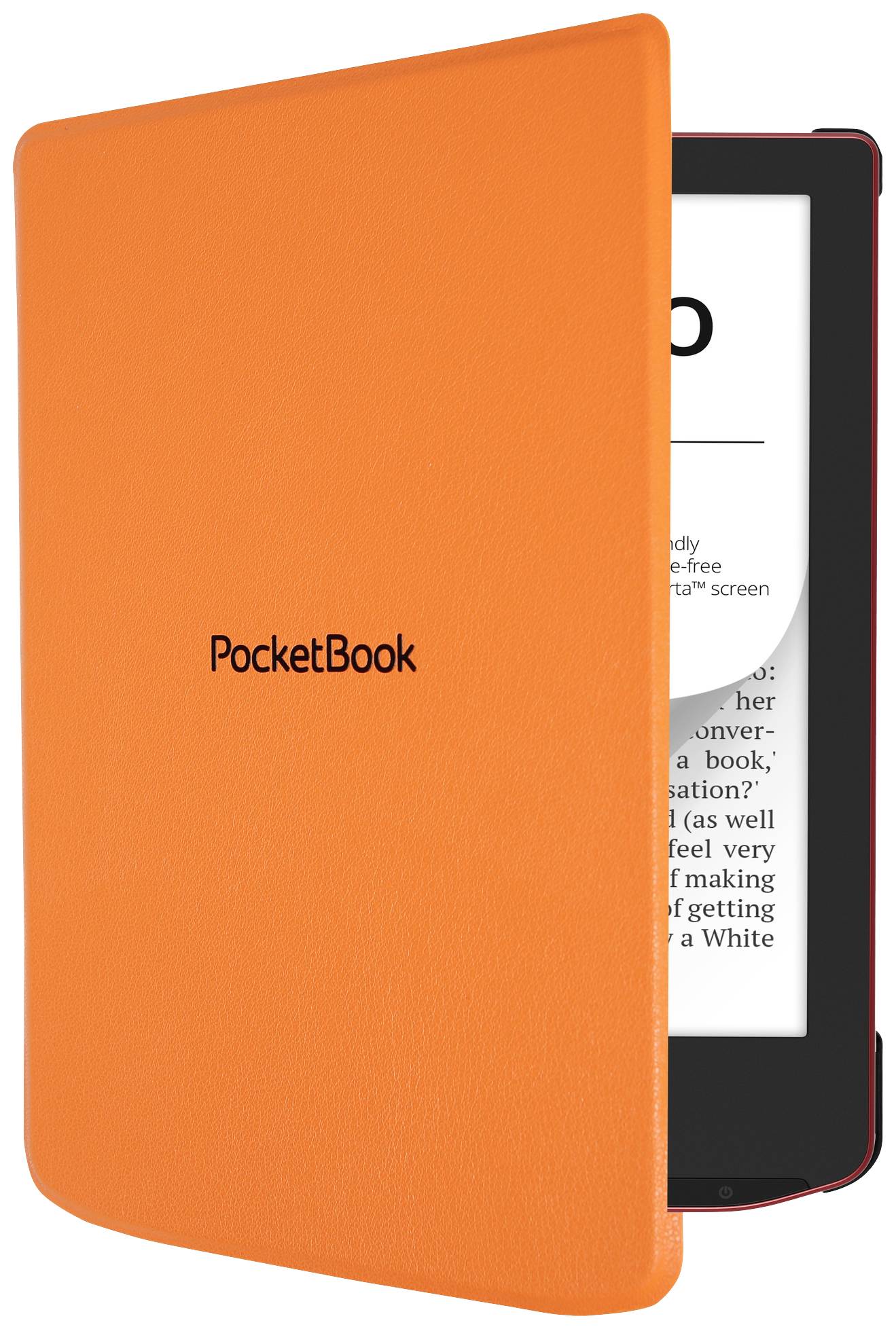 Orangefarbener E-Reader mit teilweise geöffneter Hülle. Der Bildschirm zeigt Text, der Hülle trägt den Schriftzug 'PocketBook'.