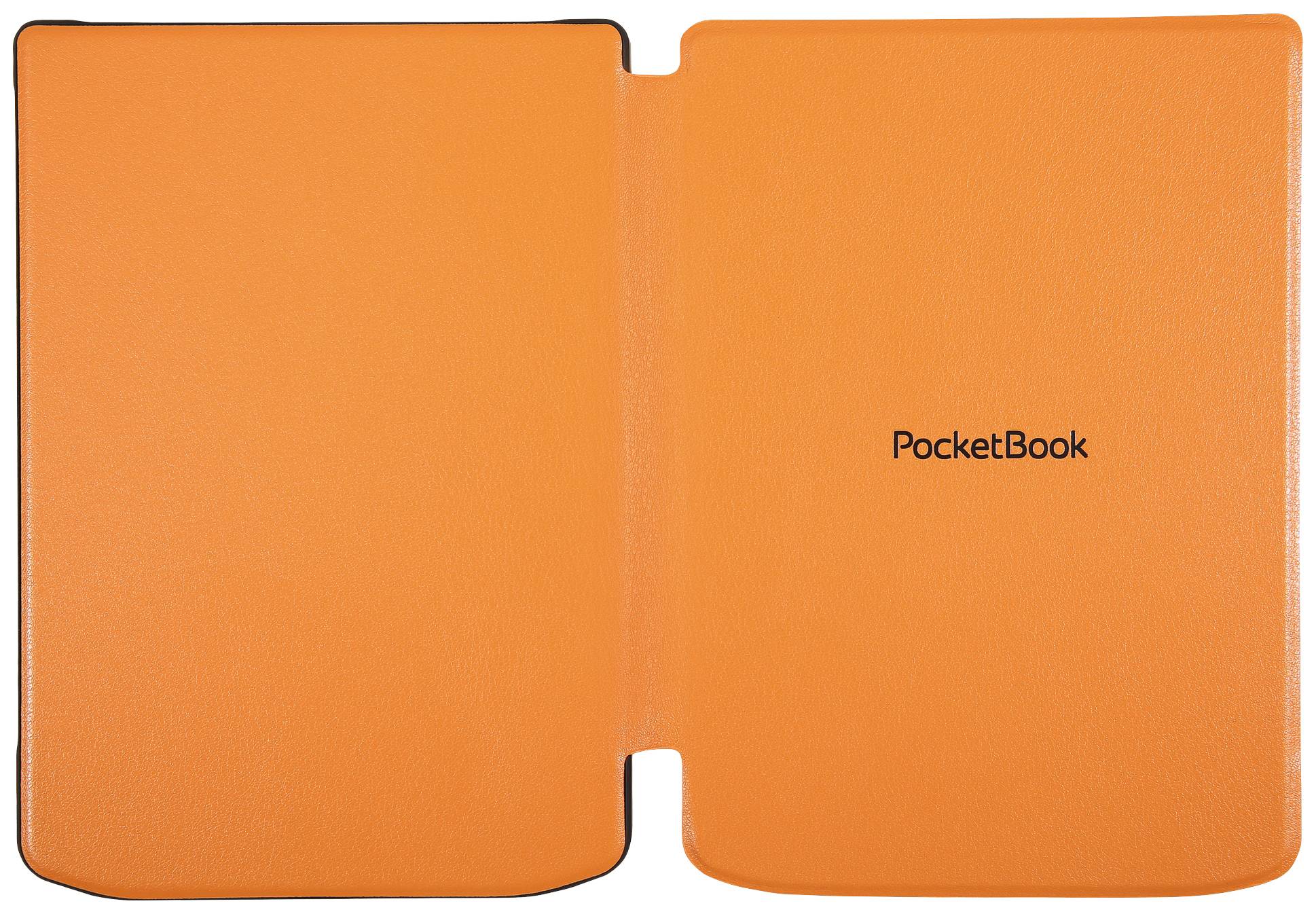 Offenes orangefarbenes Etui mit dem Aufdruck 'PocketBook' auf der Innenseite.