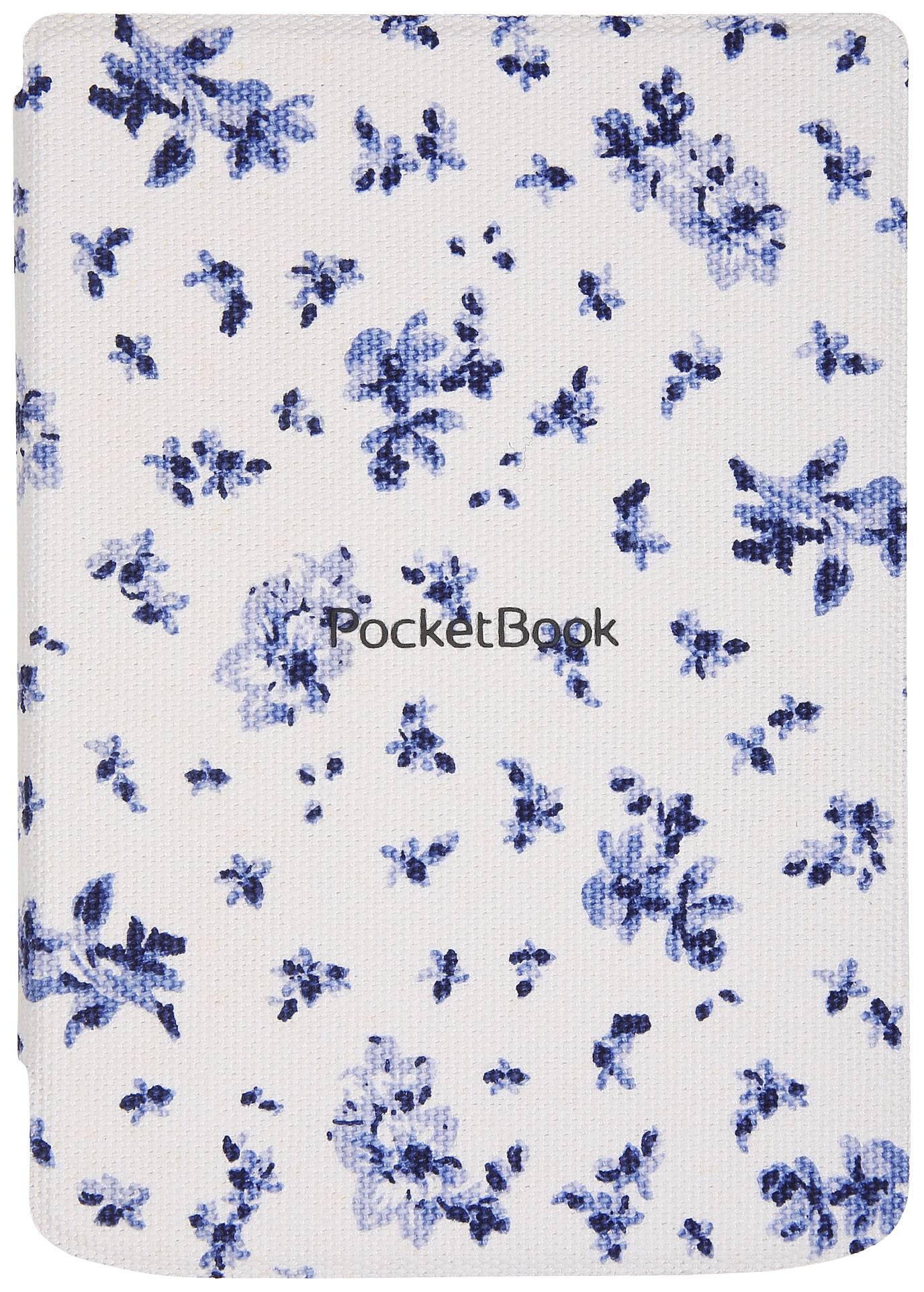 Hülle eines E-Readers mit blauen Blumenmustern auf weißem Hintergrund, im Zentrum der Schriftzug 'PocketBook'.